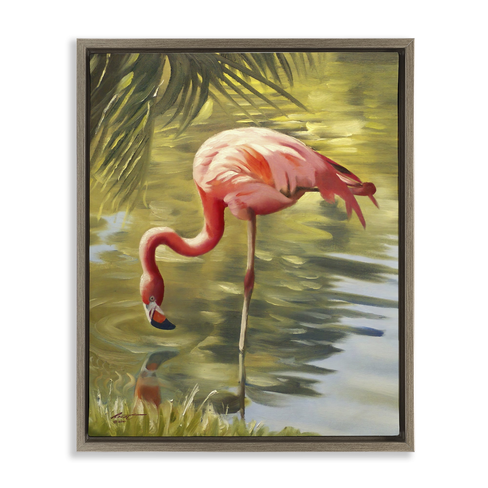 Stupell Industries Flamingo Shallow Pond Animals & Insects Painting Brown Floater Framed Canvas Art Print Wall Art, 25 x 31