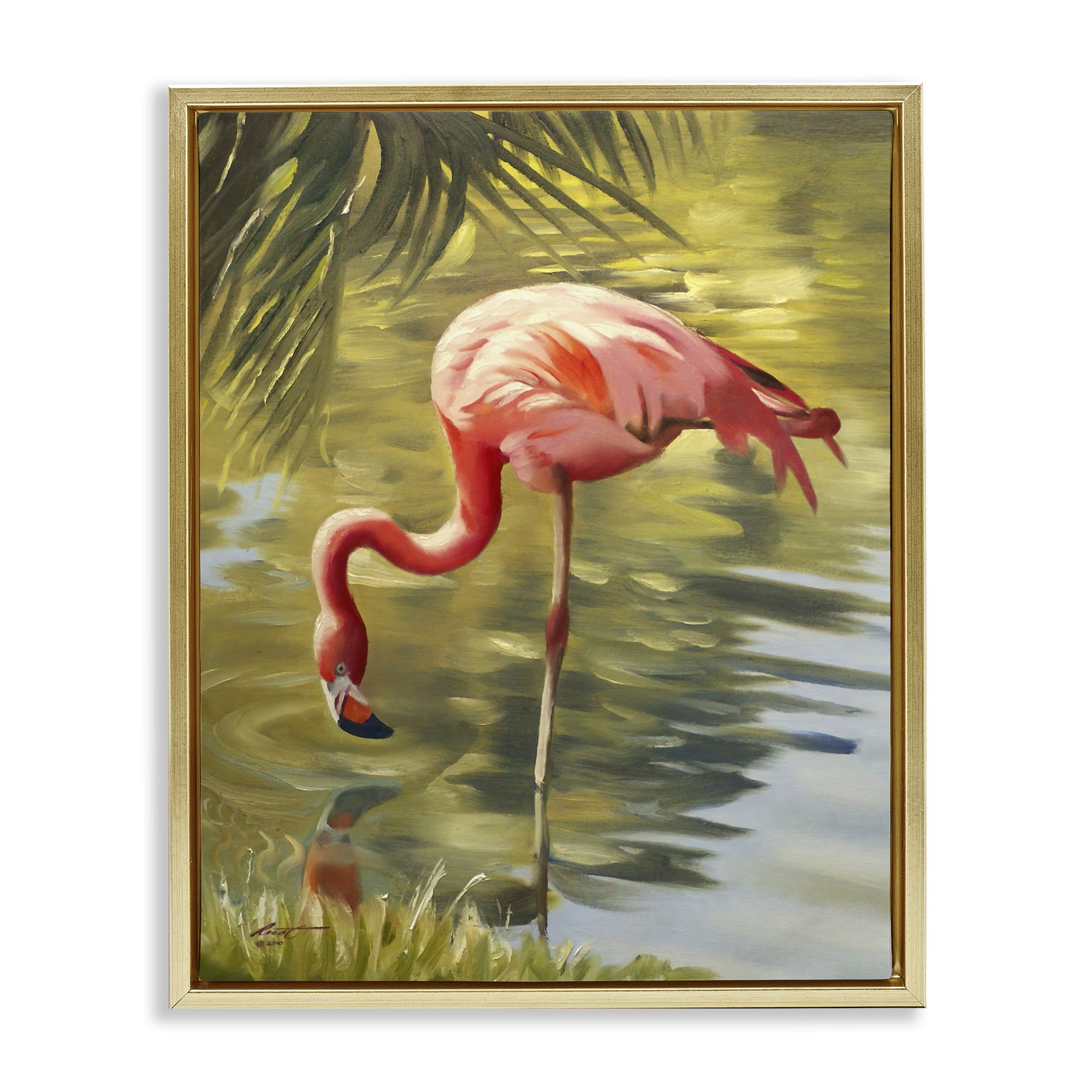 Stupell Industries Flamingo Shallow Pond Animals & Insects Painting Gold Floater Framed Canvas Art Print Wall Art, 17 x 21