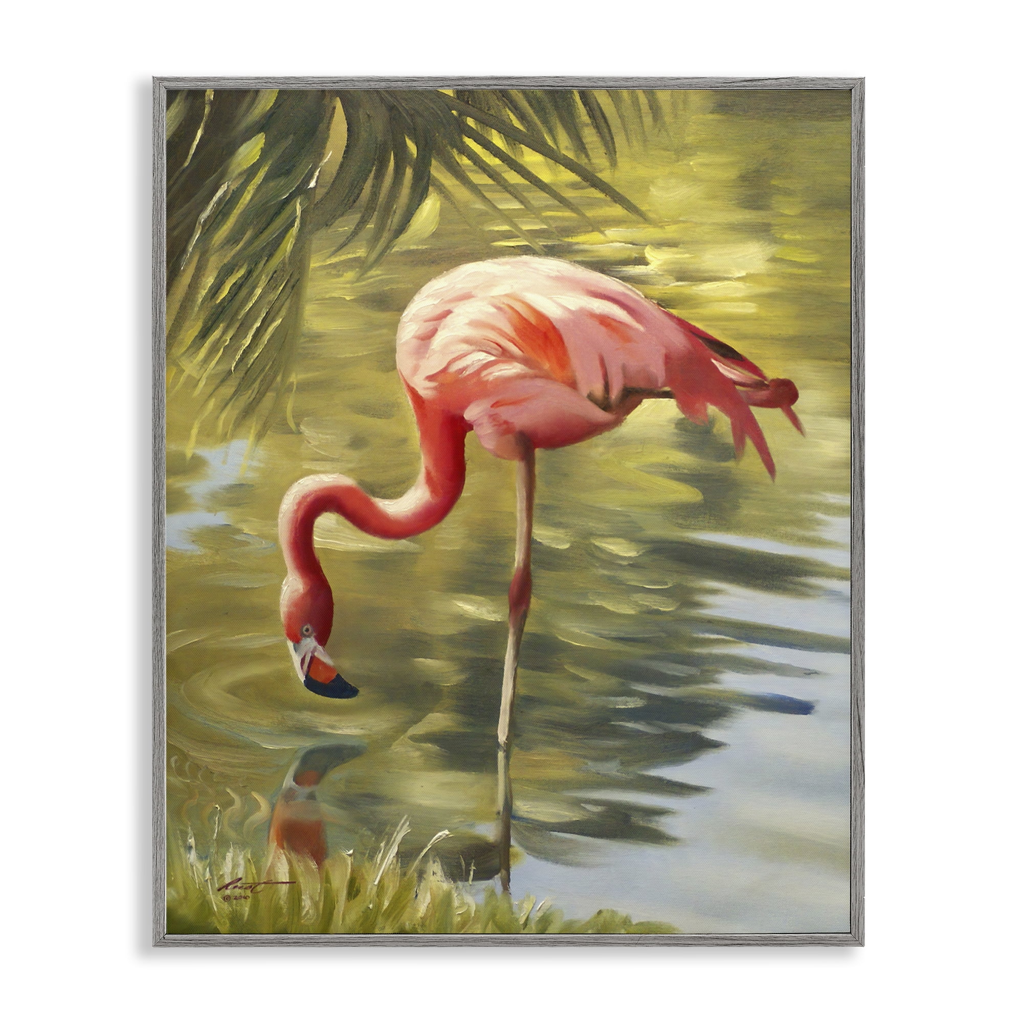 Stupell Industries Flamingo Shallow Pond Animals & Insects Painting Gray Framed Art Print Wall Art, 11 x 14