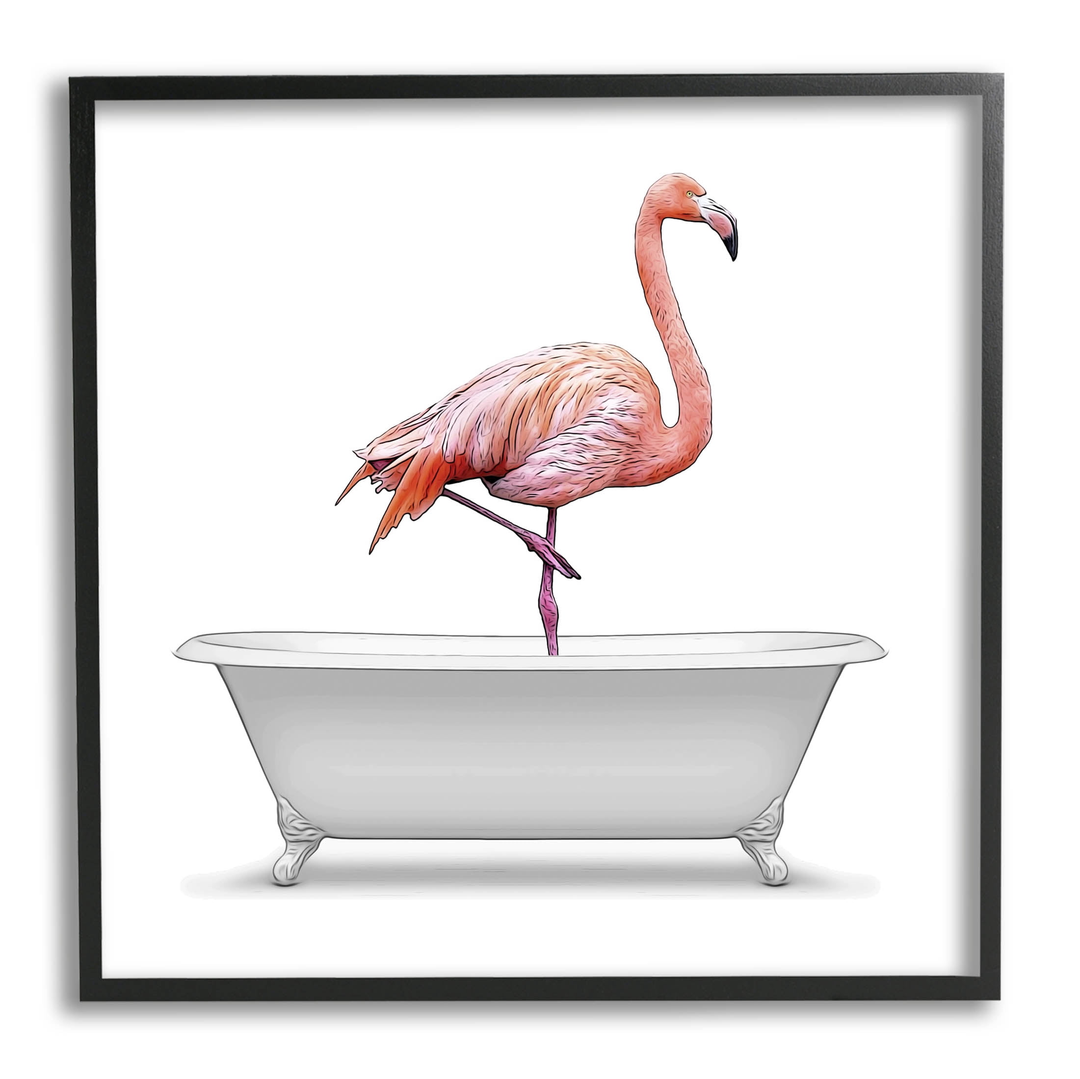 Stupell Industries Flamingo Standing Antique Bathroom Tub Graphic Art Black Framed Art Print Wall Art, Design by Annalisa Latella