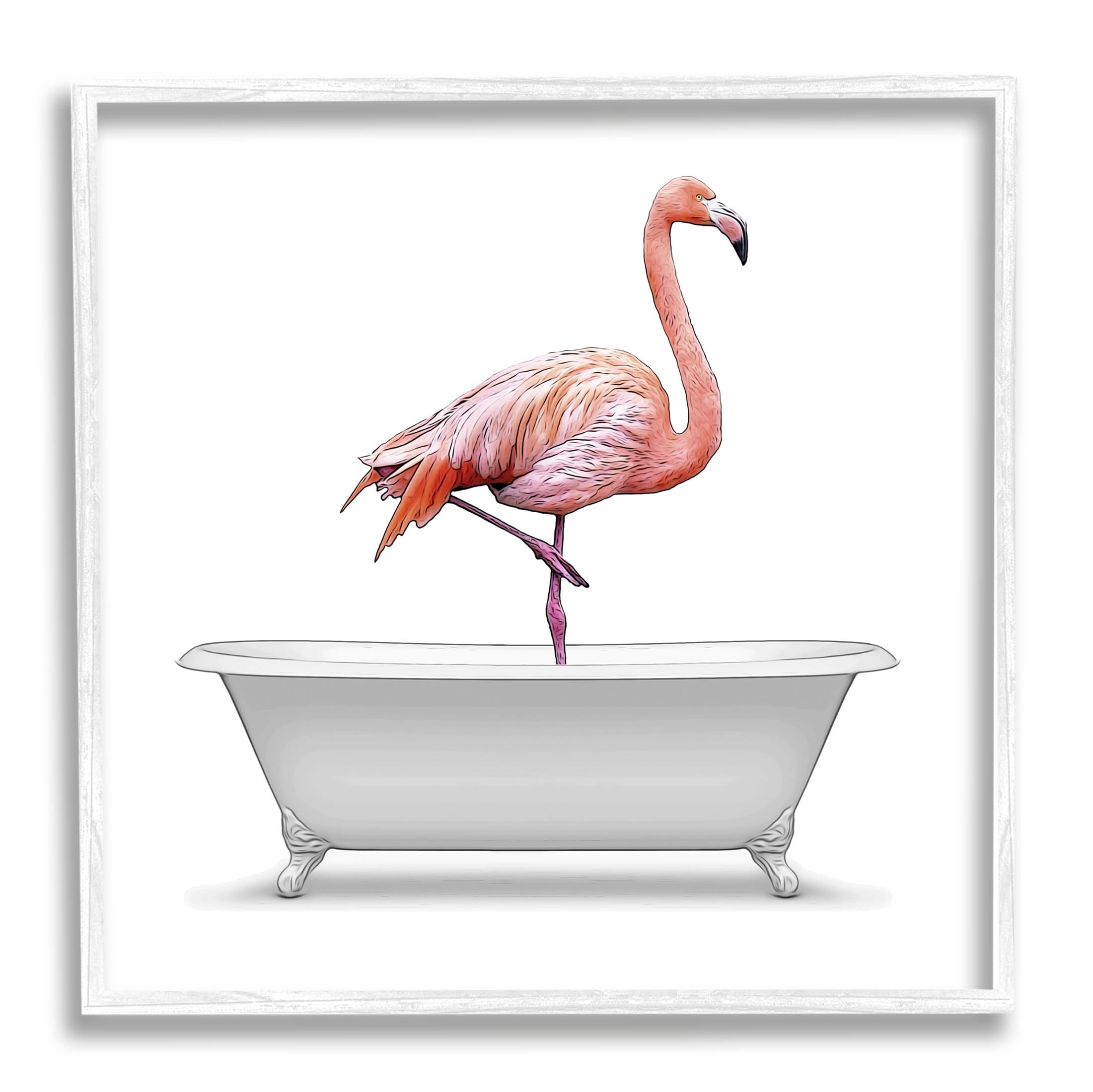 Stupell Industries Flamingo Standing Antique Bathroom Tub Graphic Art White Framed Art Print Wall Art, Design by Annalisa Latella