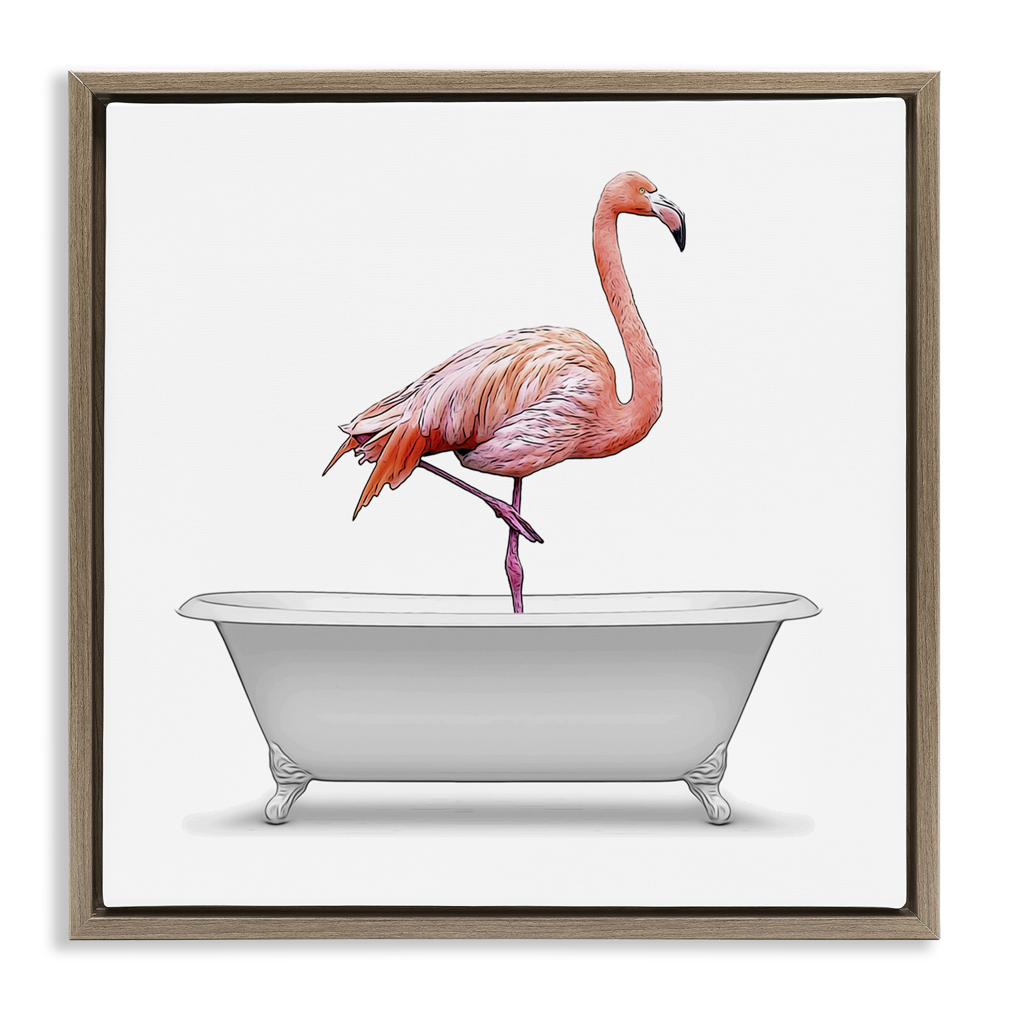 Stupell Industries Flamingo Standing Antique Bathtub Animals & Insects Painting Brown Floater Framed Canvas Art Print Wall Art, 18 x 18