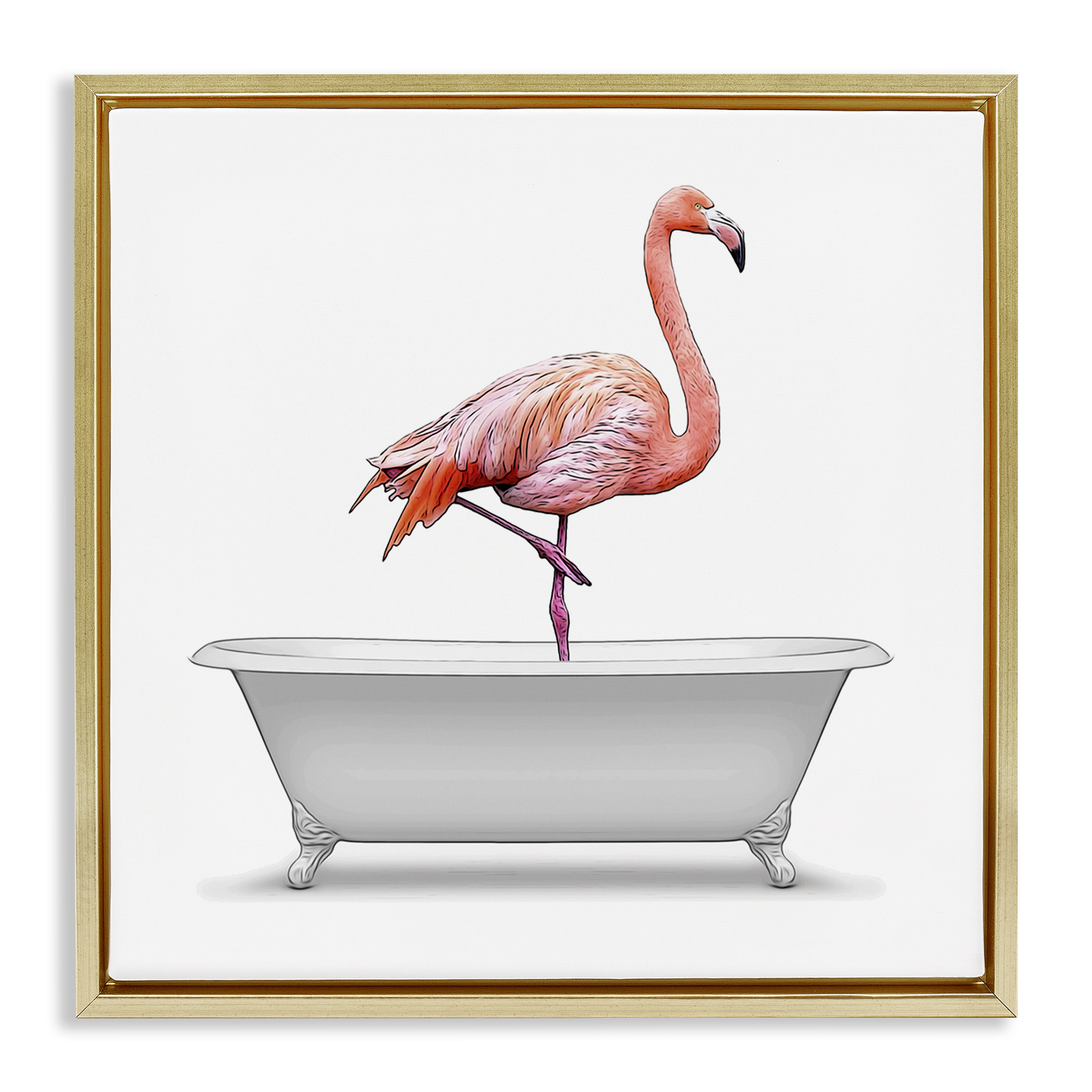 Stupell Industries Flamingo Standing Antique Bathtub Animals & Insects Painting Gold Floater Framed Canvas Art Print Wall Art, 25 x 25