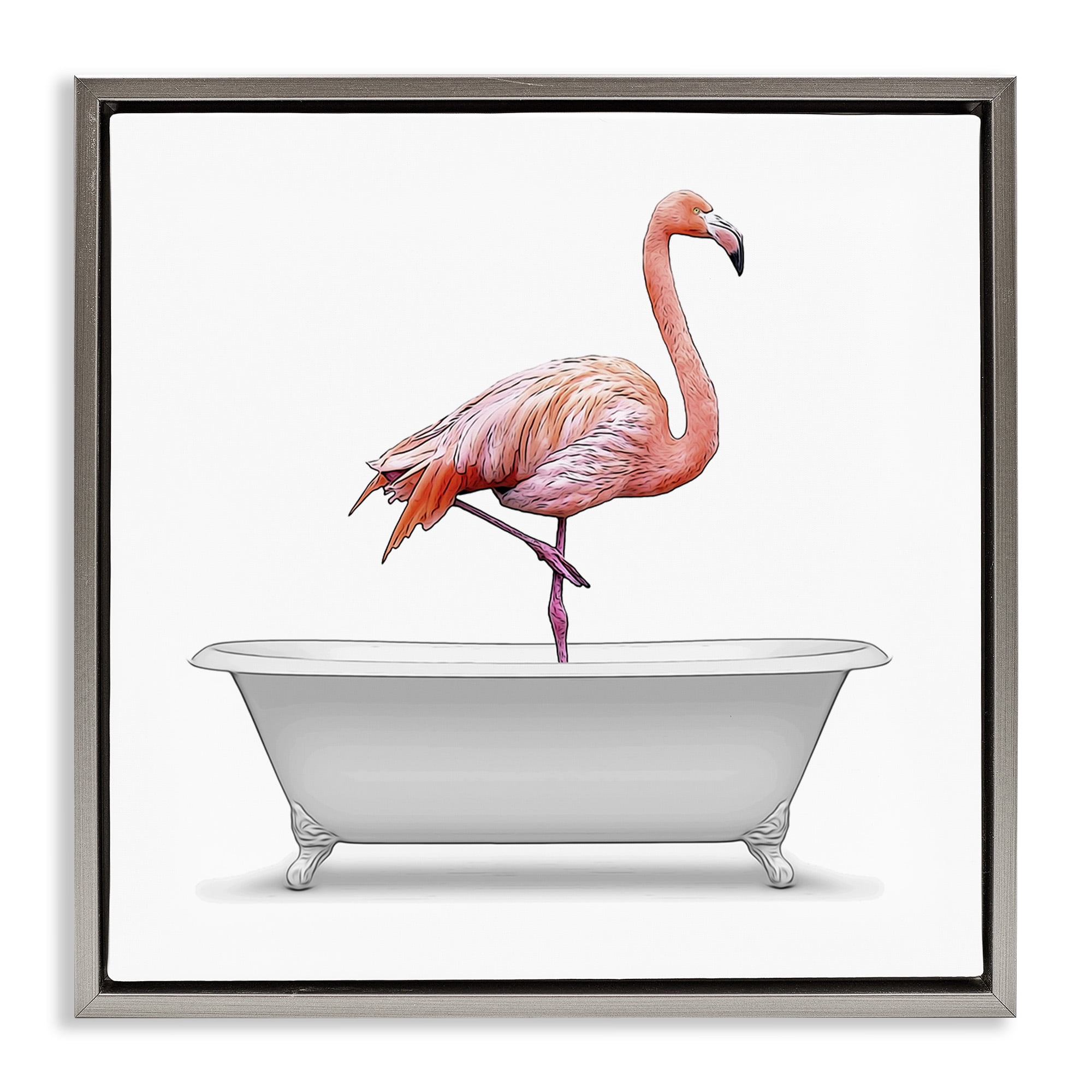 Stupell Industries Flamingo Standing Antique Bathtub Animals & Insects Painting Gray Floater Framed Canvas Art Print Wall Art, 18 x 18
