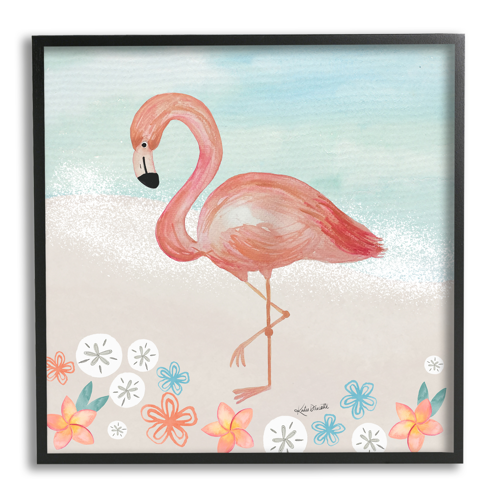 Stupell Industries Flamingo Standing Shoreline Various Sand Dollars Botanicals Painting Black Framed Art Print Wall Art, Design by Katie Doucette