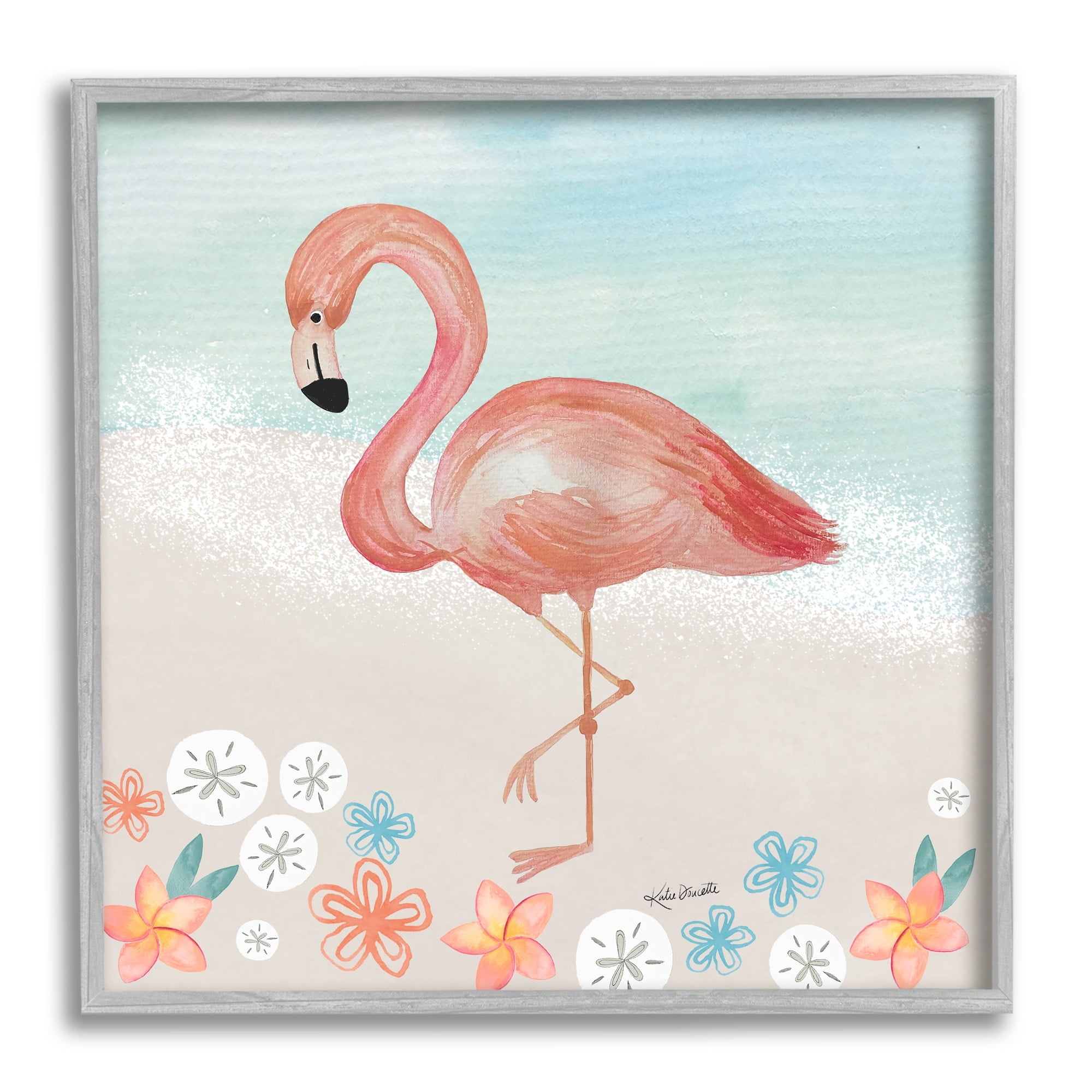 Stupell Industries Flamingo Standing Shoreline Various Sand Dollars Botanicals Painting Gray Framed Art Print Wall Art, Design by Katie Doucette