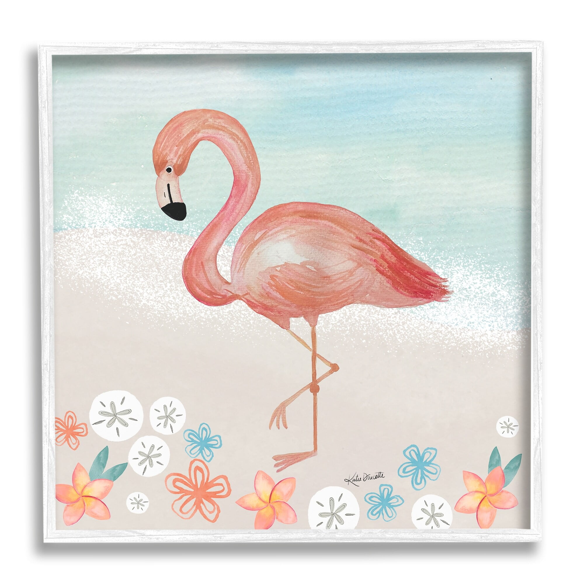 Stupell Industries Flamingo Standing Shoreline Various Sand Dollars Botanicals Painting White Framed Art Print Wall Art, Design by Katie Doucette
