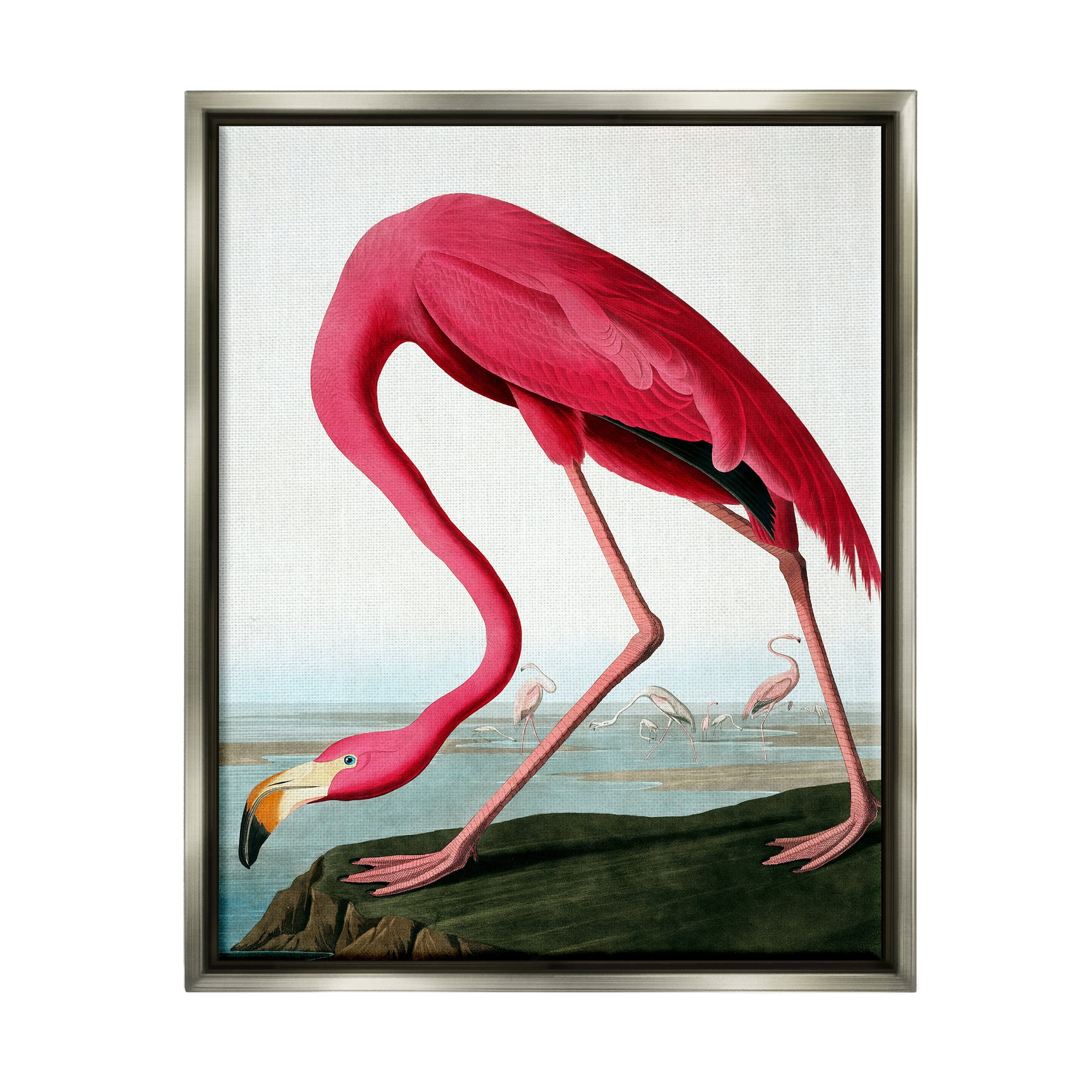 Stupell Industries Flamingo Stepping Near Pond Animals & Insects Painting Gray Floater Framed Art Print Wall Art, 25 x 31