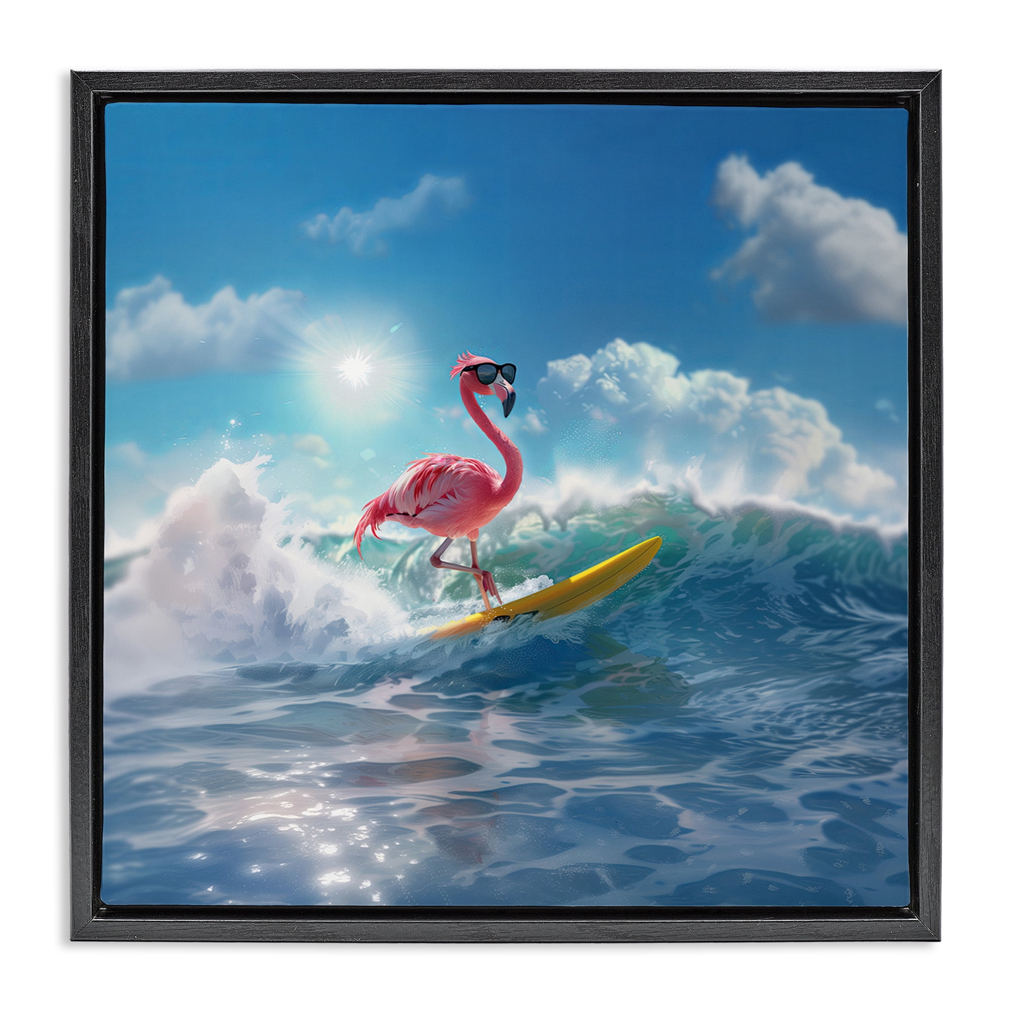 Stupell Industries Flamingo Surfing White Caps Nautical & Beach Painting Black Floater Framed Canvas Art Print Wall Art, 25 x 25