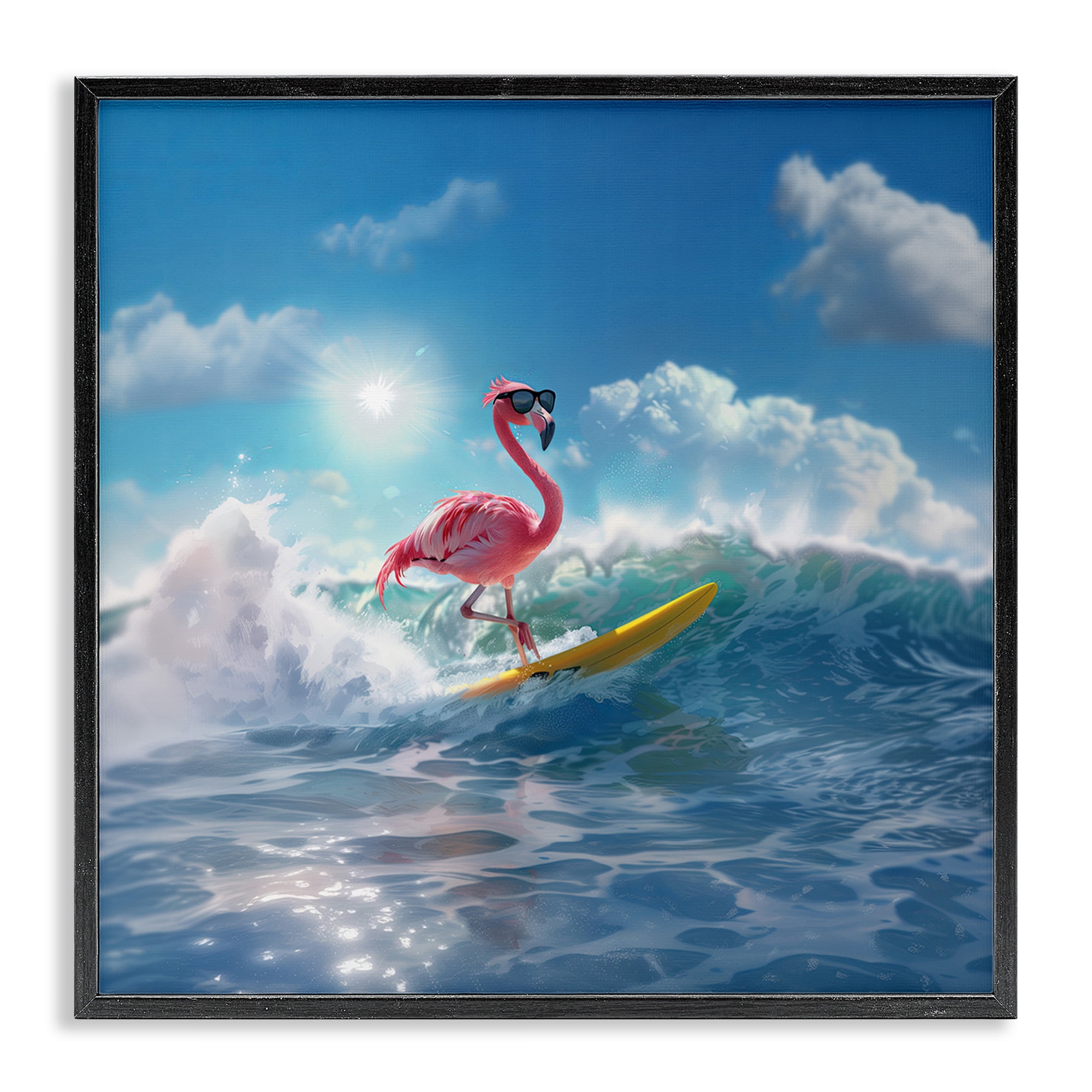 Stupell Industries Flamingo Surfing White Caps Nautical & Beach Painting Black Framed Art Print Wall Art, 17 x 17