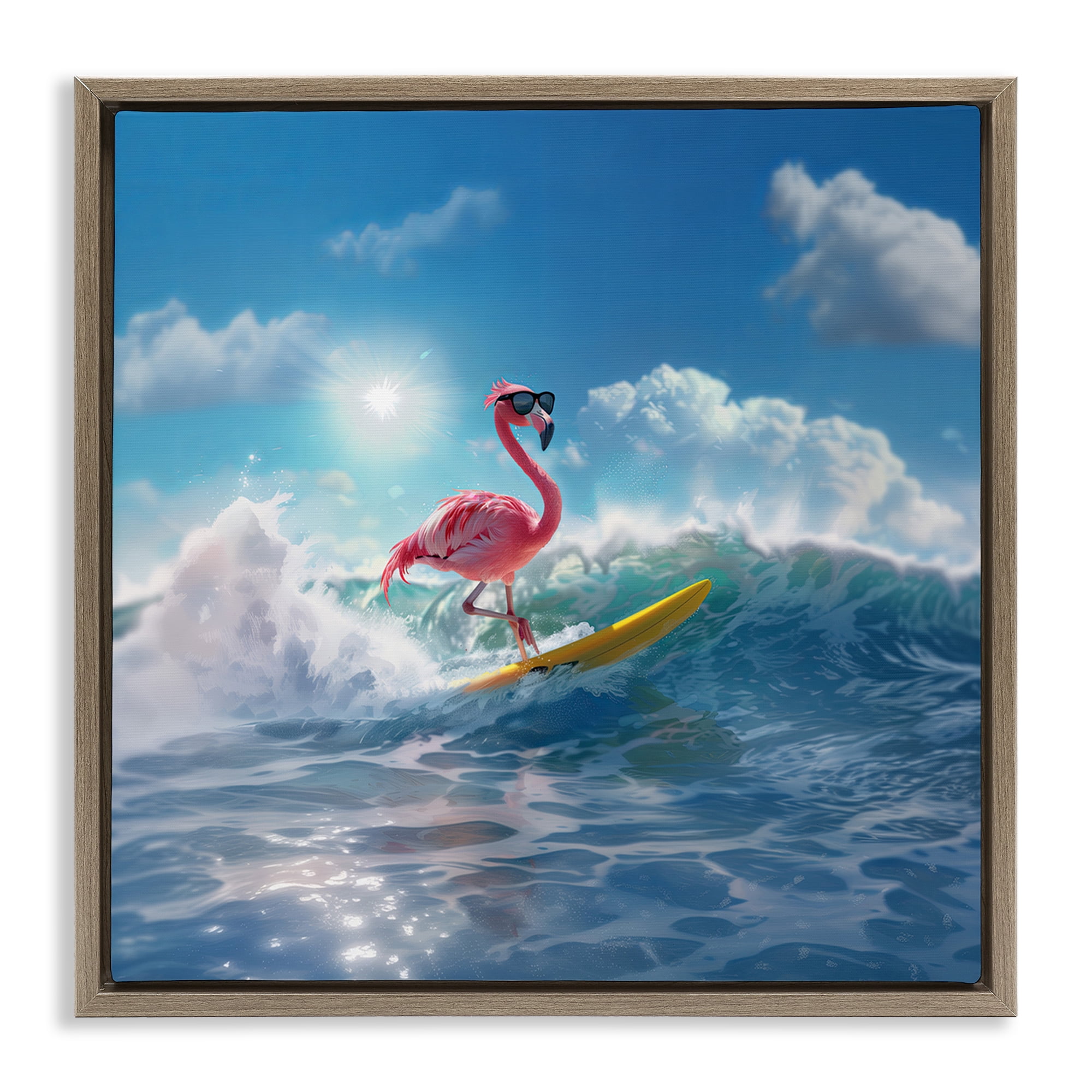 Stupell Industries Flamingo Surfing White Caps Nautical & Beach Painting Brown Floater Framed Canvas Art Print Wall Art, 25 x 25