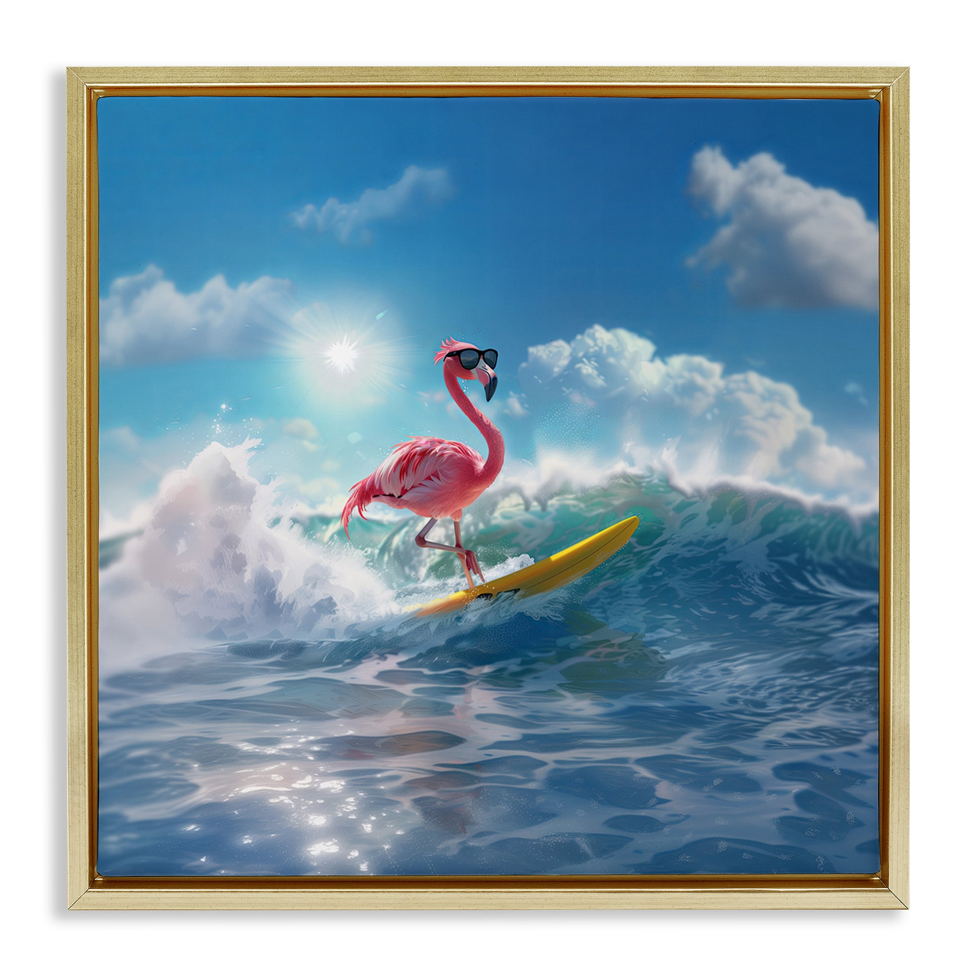 Stupell Industries Flamingo Surfing White Caps Nautical & Beach Painting Gold Floater Framed Canvas Art Print Wall Art, 25 x 25