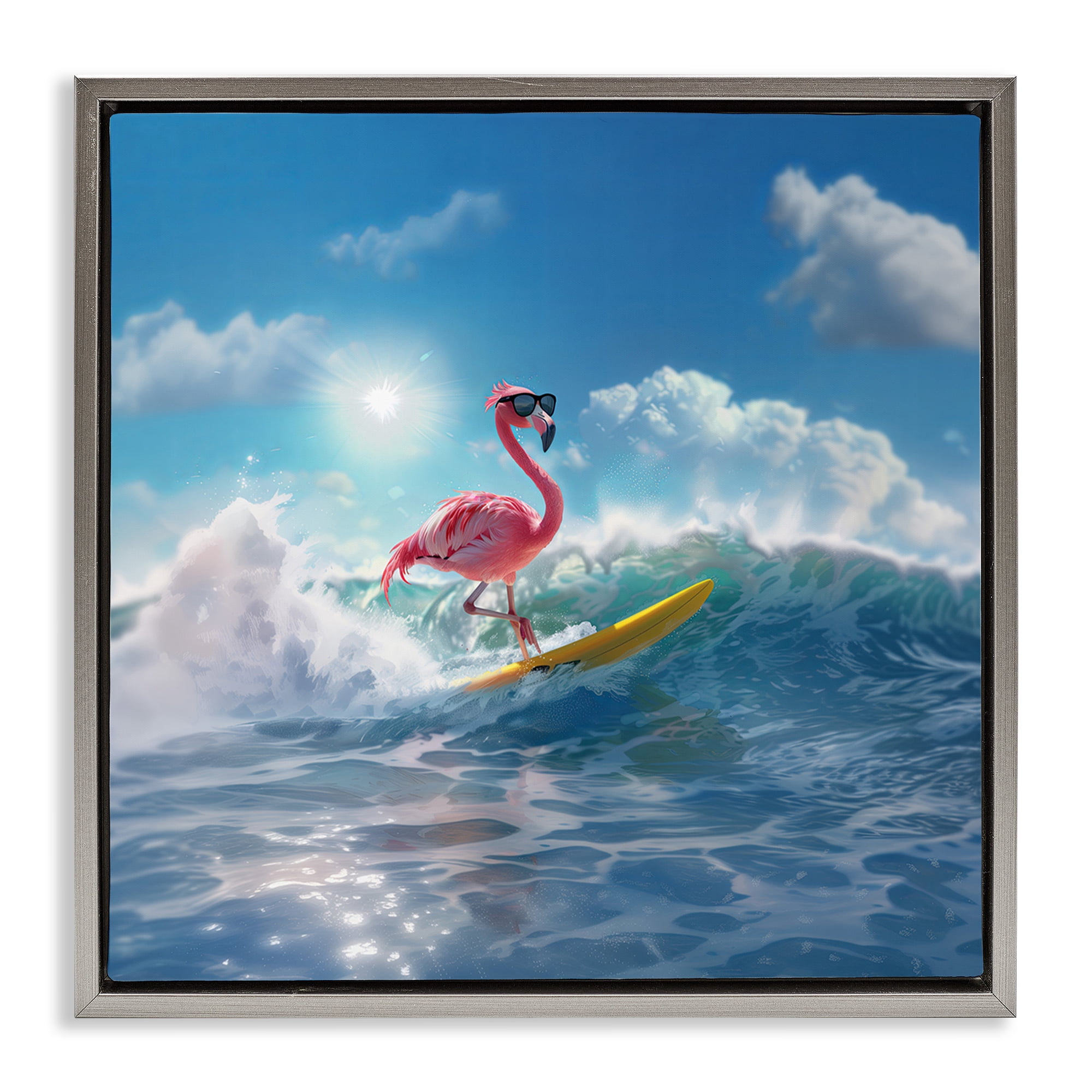 Stupell Industries Flamingo Surfing White Caps Nautical & Beach Painting Gray Floater Framed Canvas Art Print Wall Art, 18 x 18