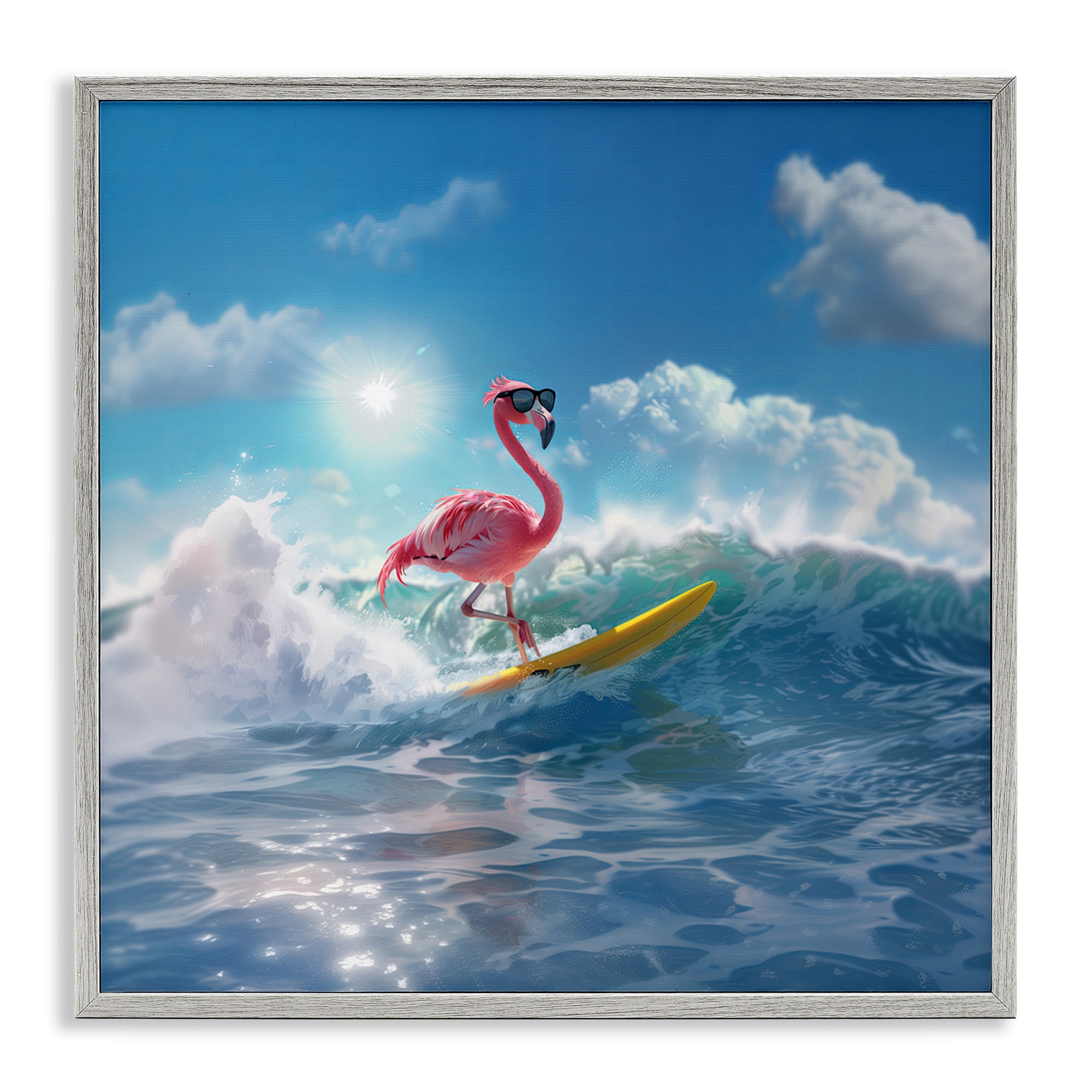 Stupell Industries Flamingo Surfing White Caps Nautical & Beach Painting Gray Framed Art Print Wall Art, 17 x 17