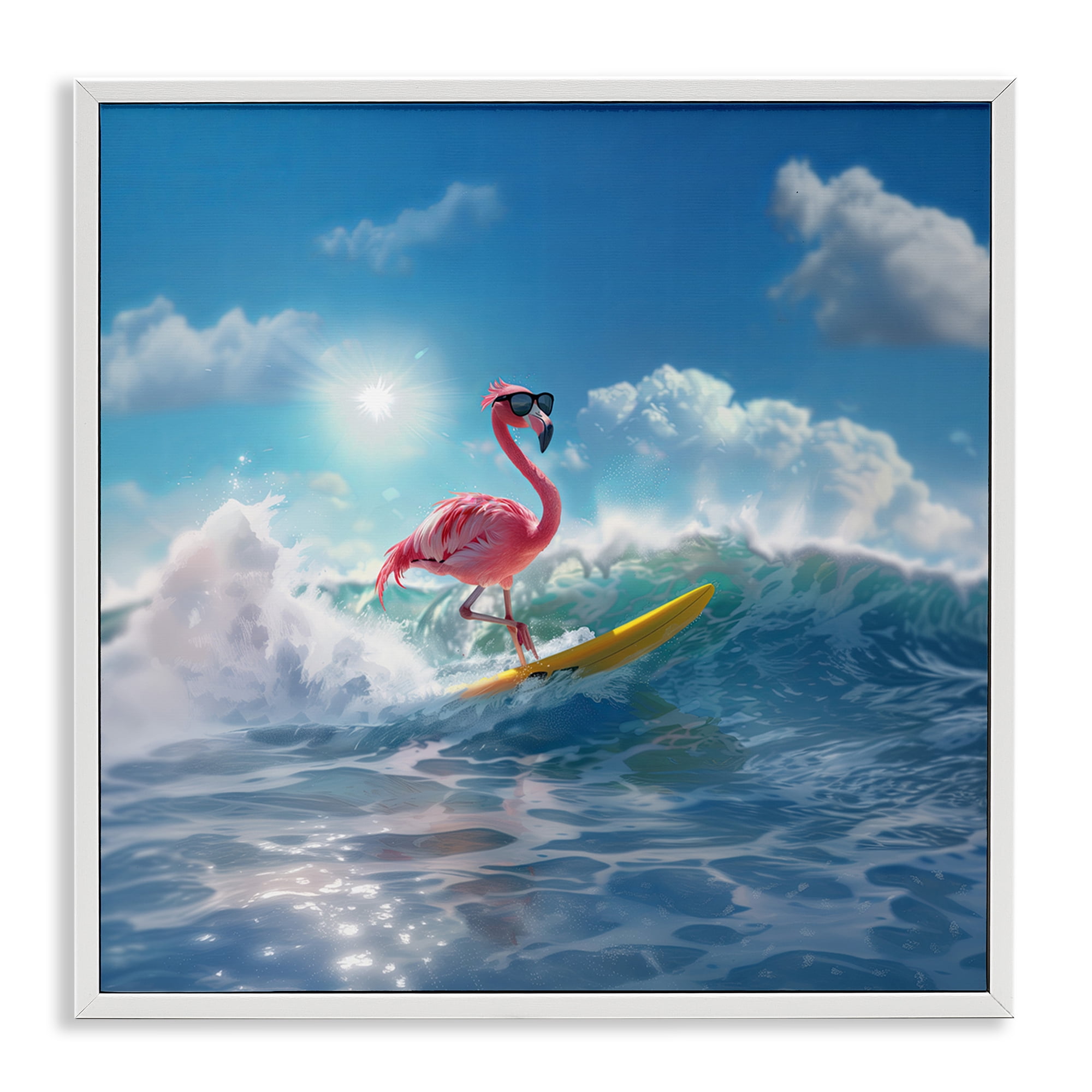 Stupell Industries Flamingo Surfing White Caps Nautical & Beach Painting White Framed Art Print Wall Art, 17 x 17