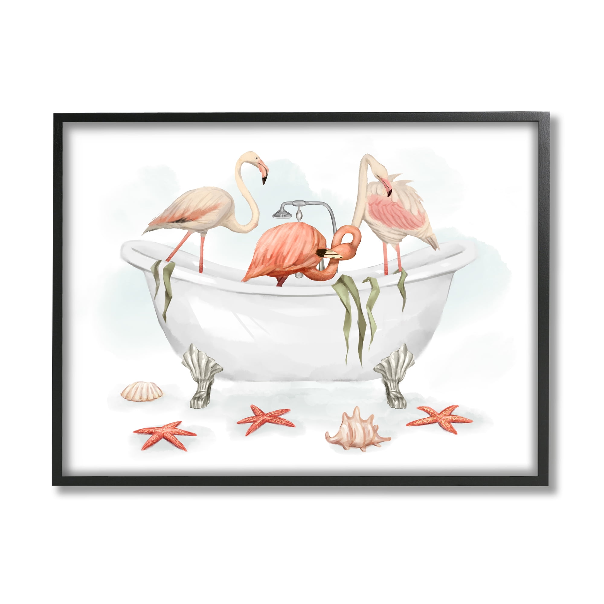 Stupell Industries Flamingo Trio in Nautical Tub Seaside Bathroom Coastal Painting Black Framed Art Print Wall Art, 11 x 14, Design by Ziwei Li
