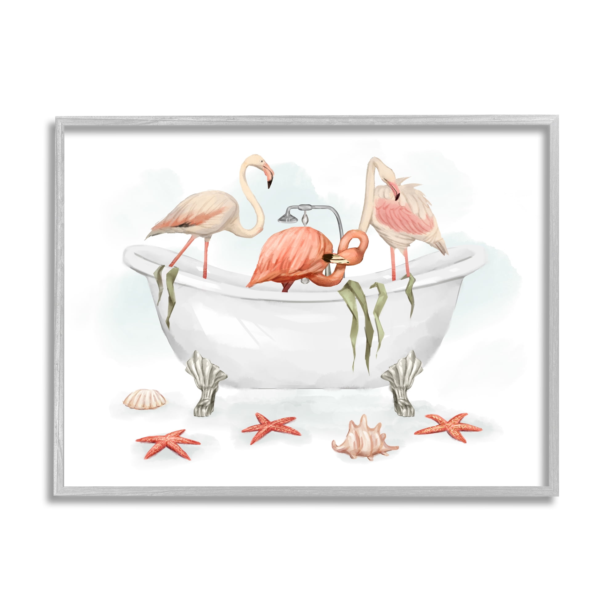 Stupell Industries Flamingo Trio in Nautical Tub Seaside Bathroom Coastal Painting Gray Framed Art Print Wall Art, 24 x 30, Design by Ziwei Li