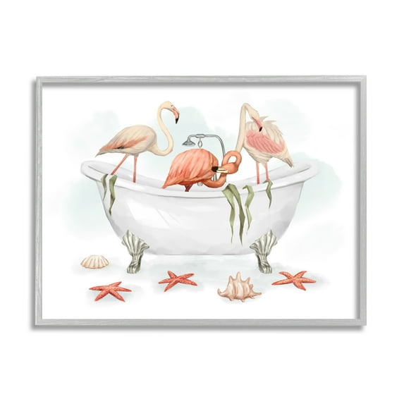 Stupell Industries Flamingo Trio in Nautical Tub Seaside Bathroom Coastal Painting Gray Framed Art Print Wall Art, 24 x 30, Design by Ziwei Li