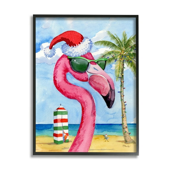 Stupell Industries Flamingo Tropical Christmas Holiday Painting Black Framed Art Print Wall Art, 11 x 14