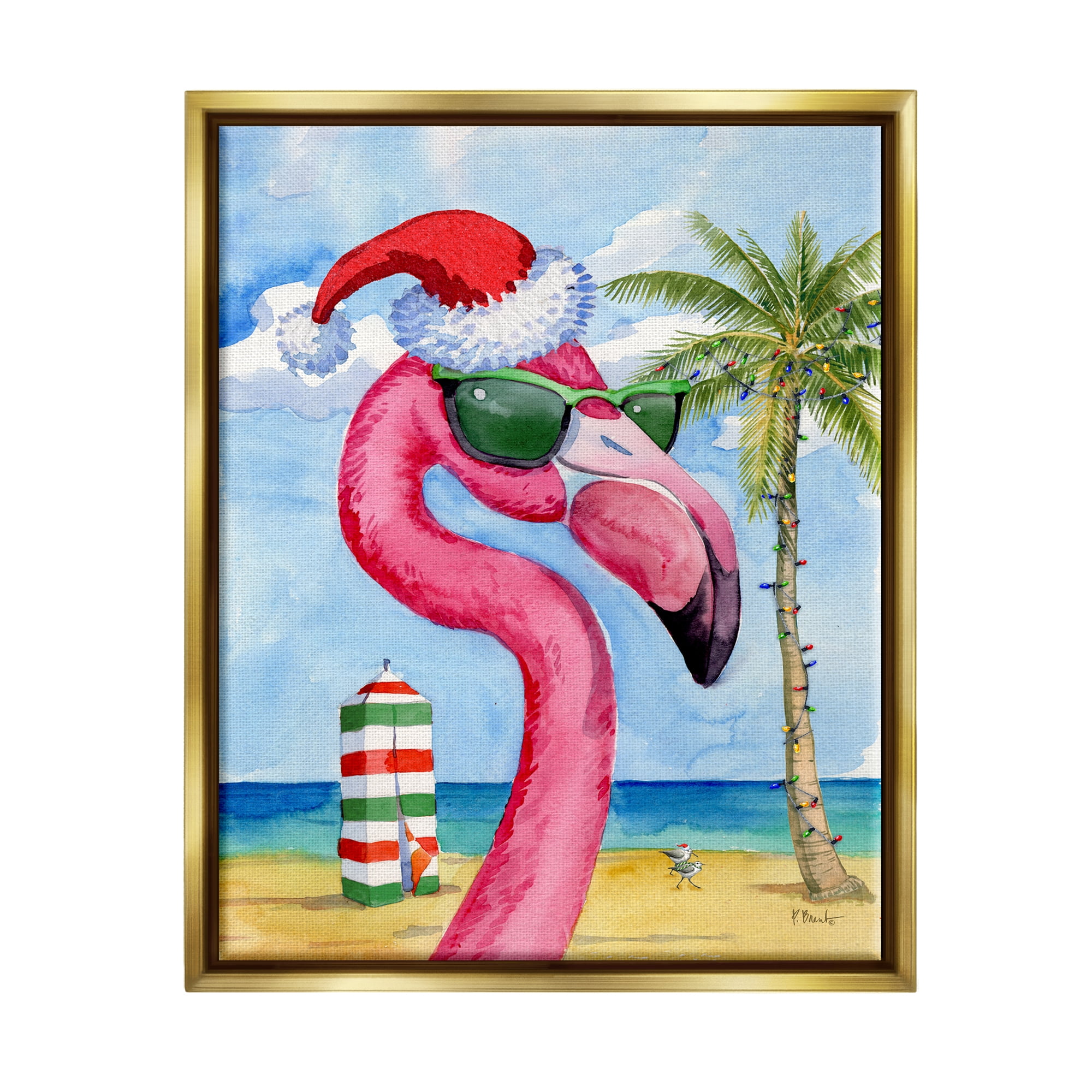 Stupell Industries Flamingo Tropical Christmas Holiday Painting Gold Floater Framed Art Print Wall Art, 17 x 21