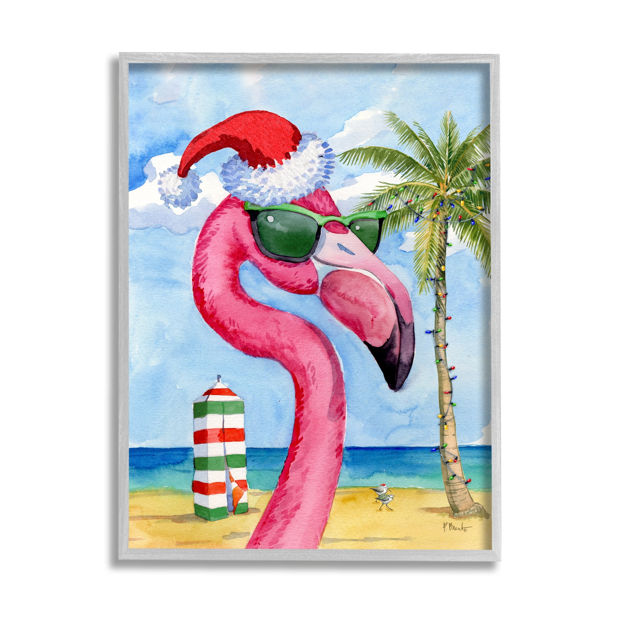 Stupell Industries Flamingo Tropical Christmas Holiday Painting Gray Framed Art Print Wall Art, 24 x 30