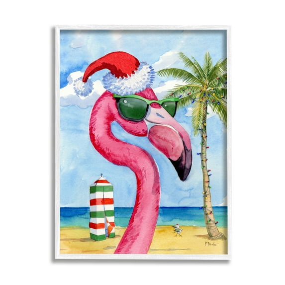 Stupell Industries Flamingo Tropical Christmas Holiday Painting White Framed Art Print Wall Art, 16 x 20