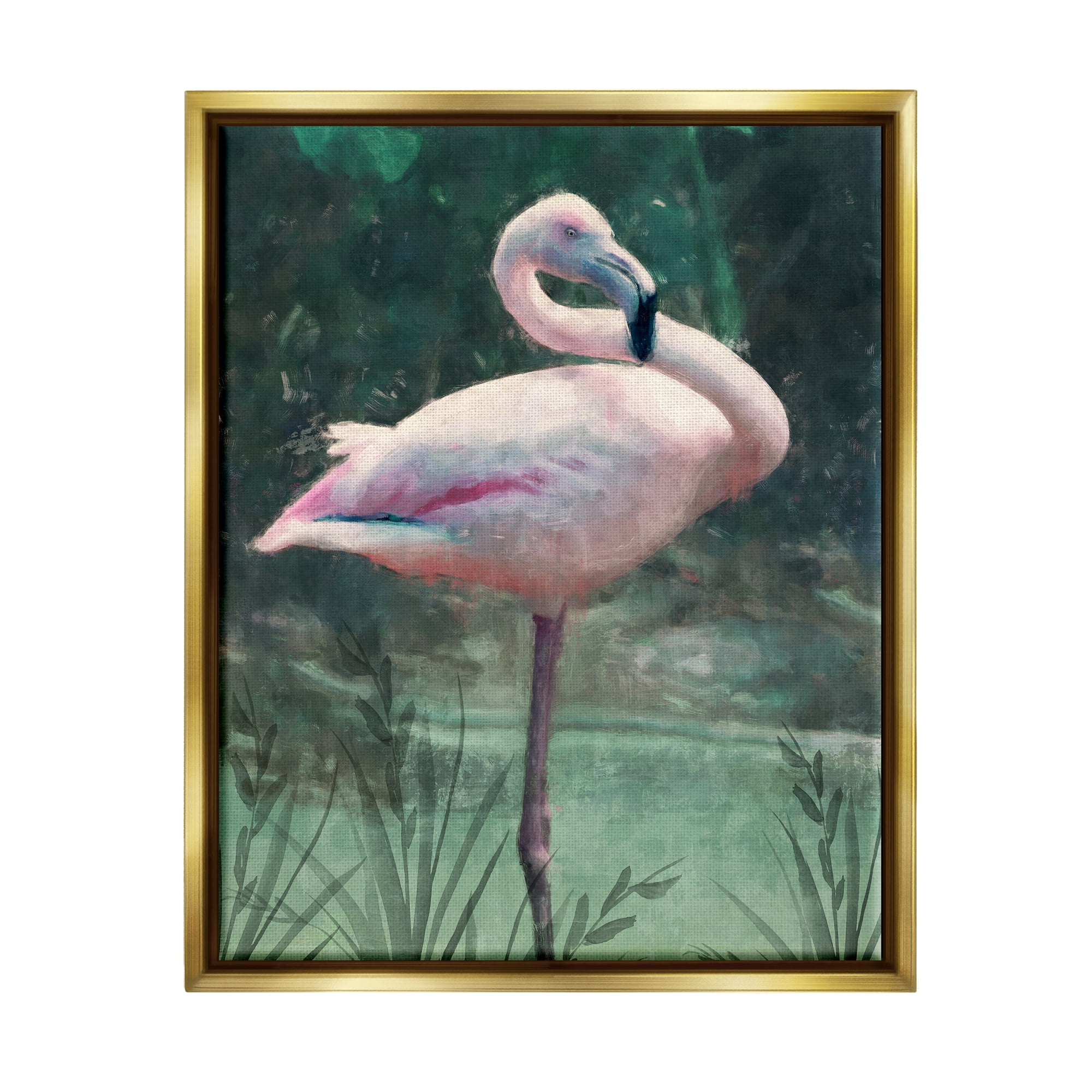 Stupell Industries Flamingo Tropical Jungle Pond Animals & Insects Painting Gold Floater Framed Art Print Wall Art