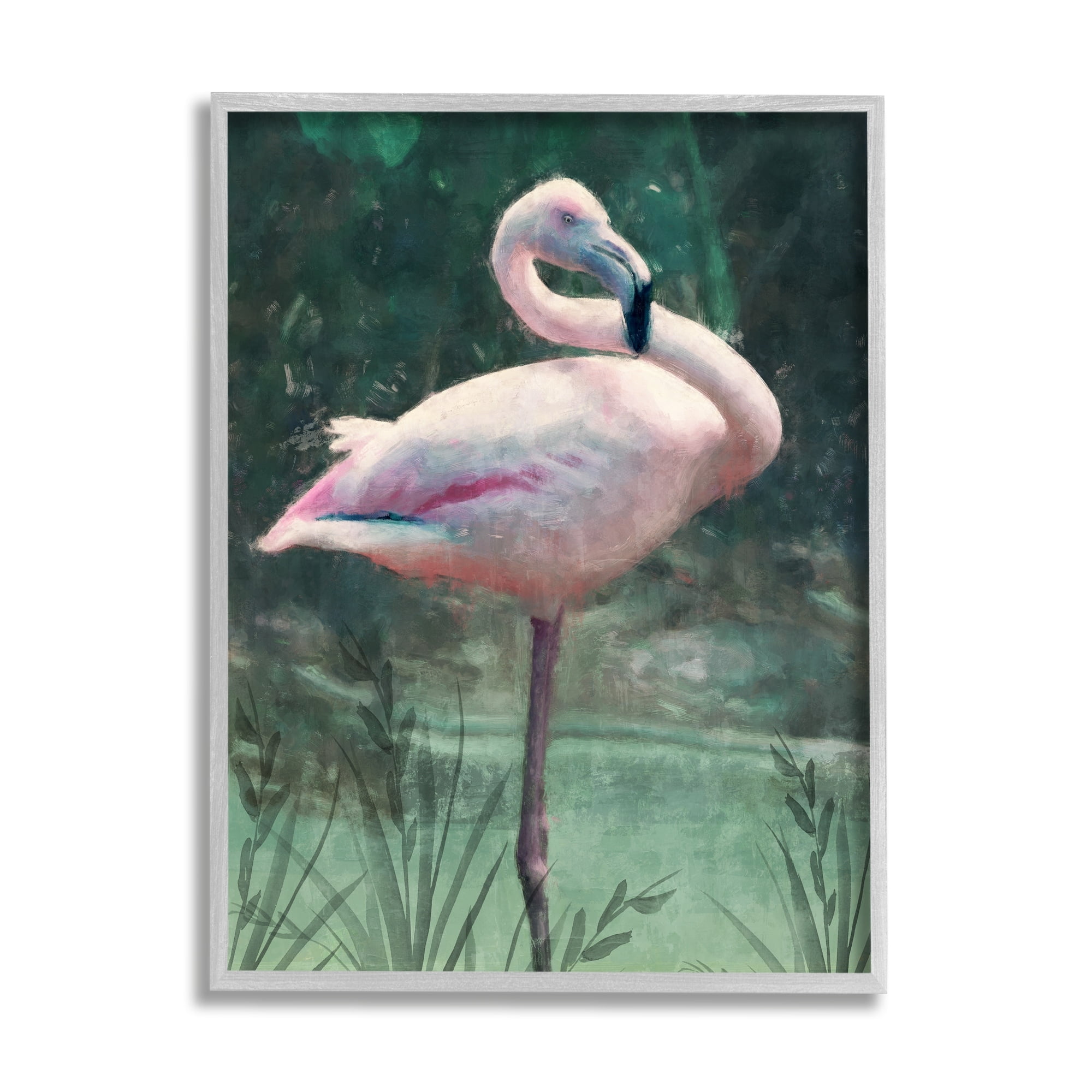 Gray Framed Flamingo Tropical Landscape Canvas Print, 16 x 20