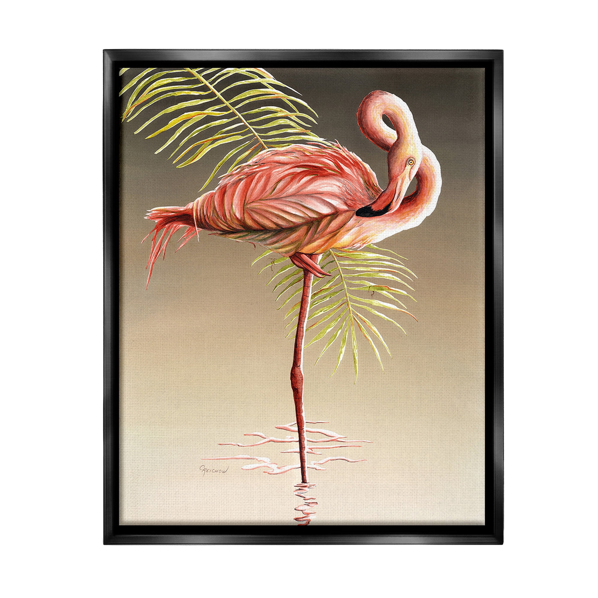 Stupell Industries Flamingo Twisting Gaze Animals & Insects Painting Black Floater Framed Canvas Art Print Wall Art, 25 x 31