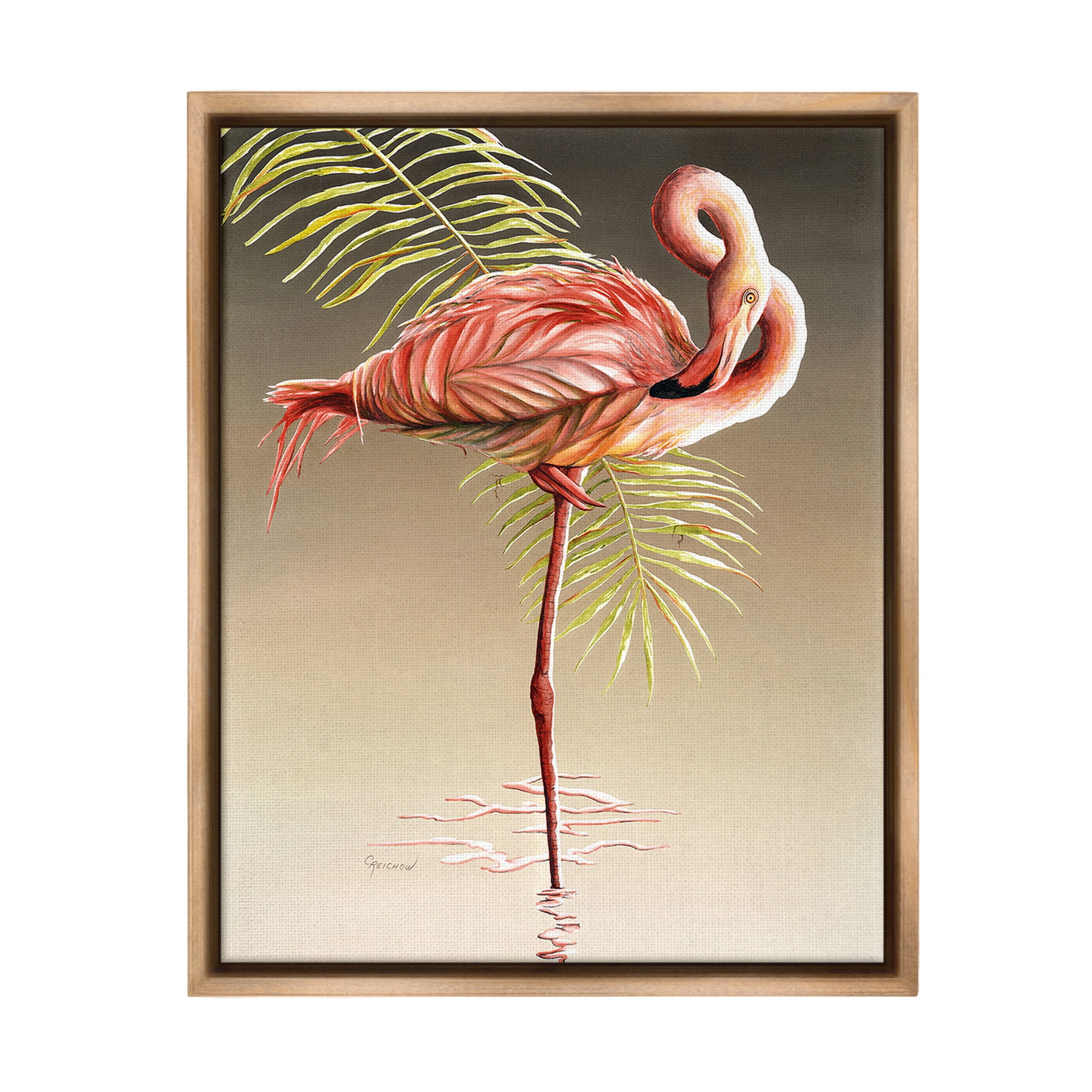 Stupell Industries Flamingo Twisting Gaze Animals & Insects Painting Brown Floater Framed Canvas Art Print Wall Art, 25 x 31