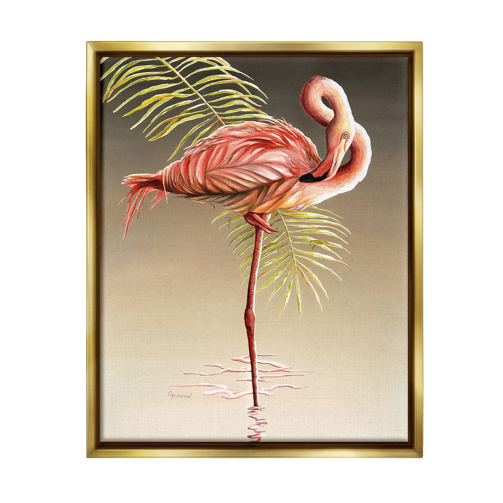 Stupell Industries Flamingo Twisting Gaze Animals & Insects Painting Gold Floater Framed Canvas Art Print Wall Art, 17 x 21