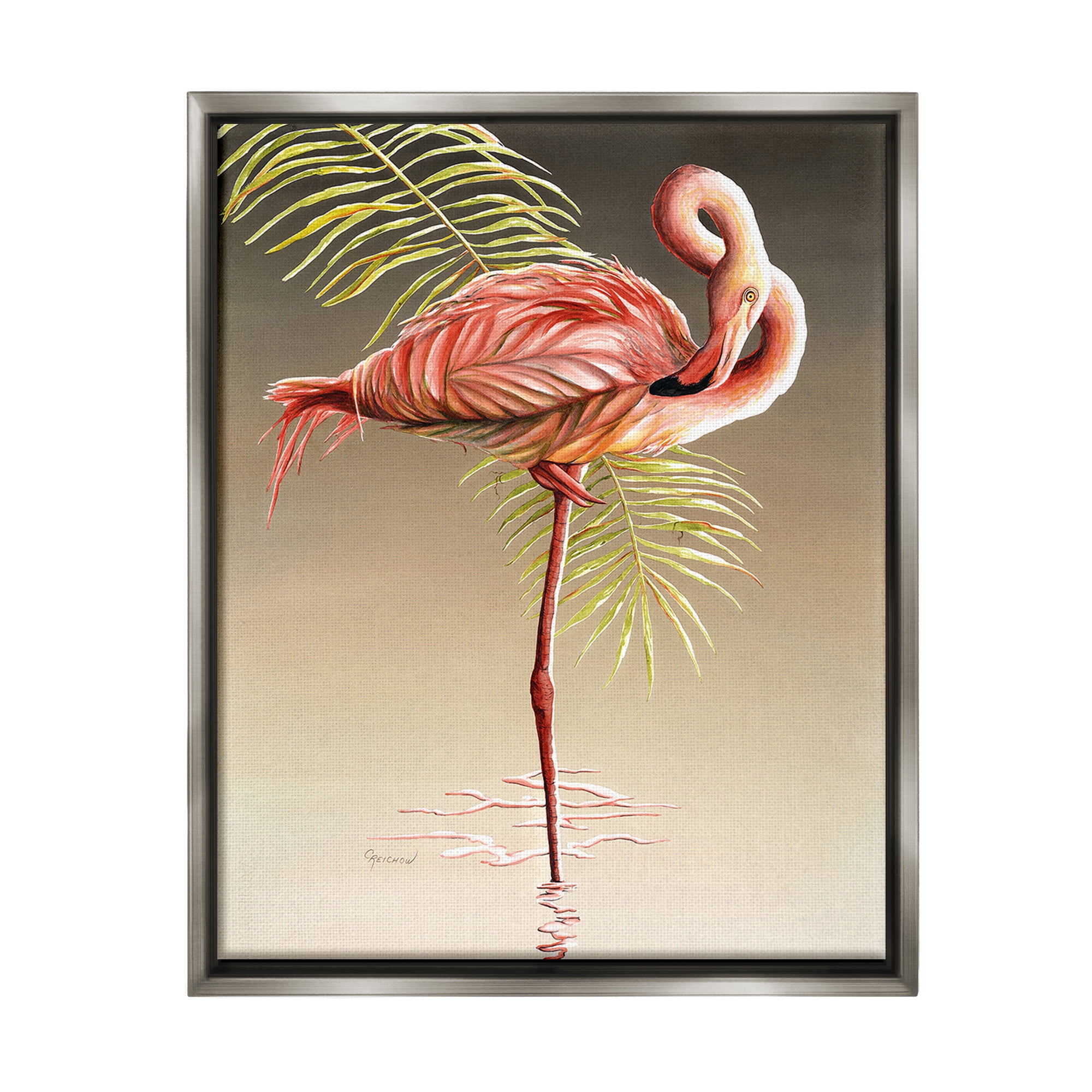 Stupell Industries Flamingo Twisting Gaze Animals & Insects Painting Gray Floater Framed Canvas Art Print Wall Art, 17 x 21