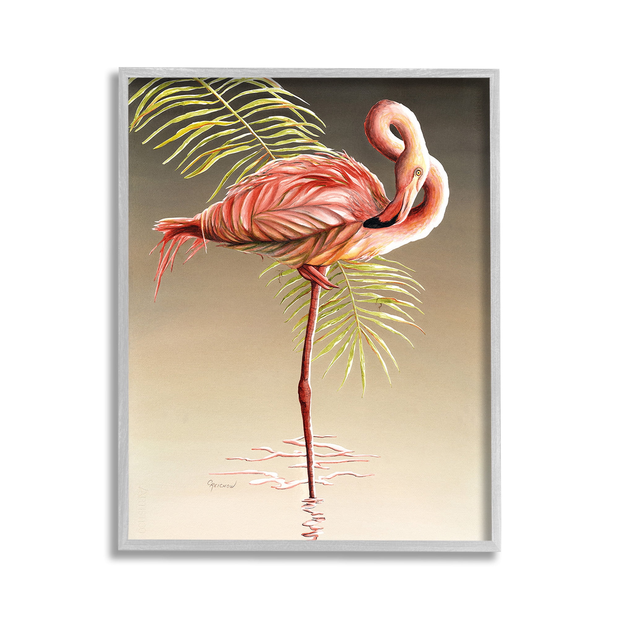 Stupell Industries Flamingo Twisting Gaze Animals & Insects Painting Gray Framed Art Print Wall Art, 11 x 14