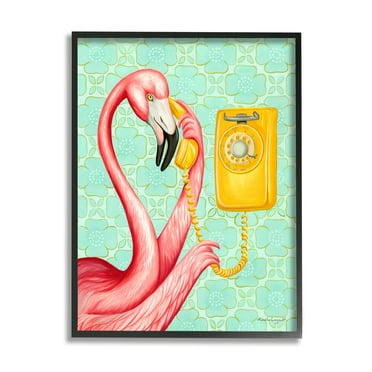 Stupell Industries Flamingo Using Retro Telephone Patterned Flower Motif Graphic Art Black Framed Art Print Wall Art, Design by Amelie Legault