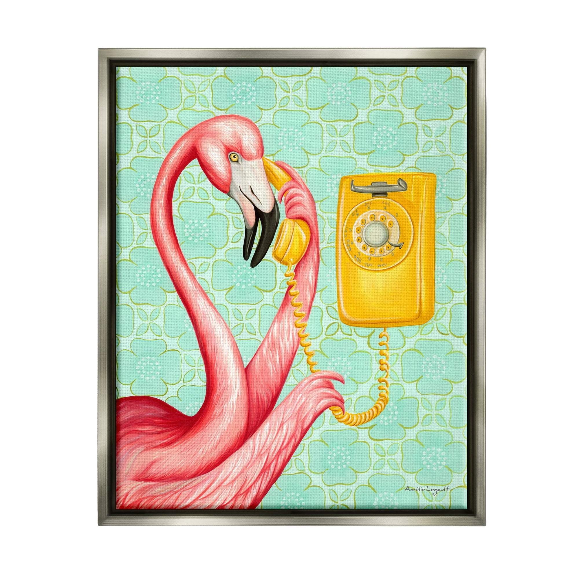 Stupell Industries Flamingo Using Retro Telephone Patterned Flower Motif Graphic Art Luster Gray Floating Framed Canvas Print Wall Art, Design by Amelie Legault