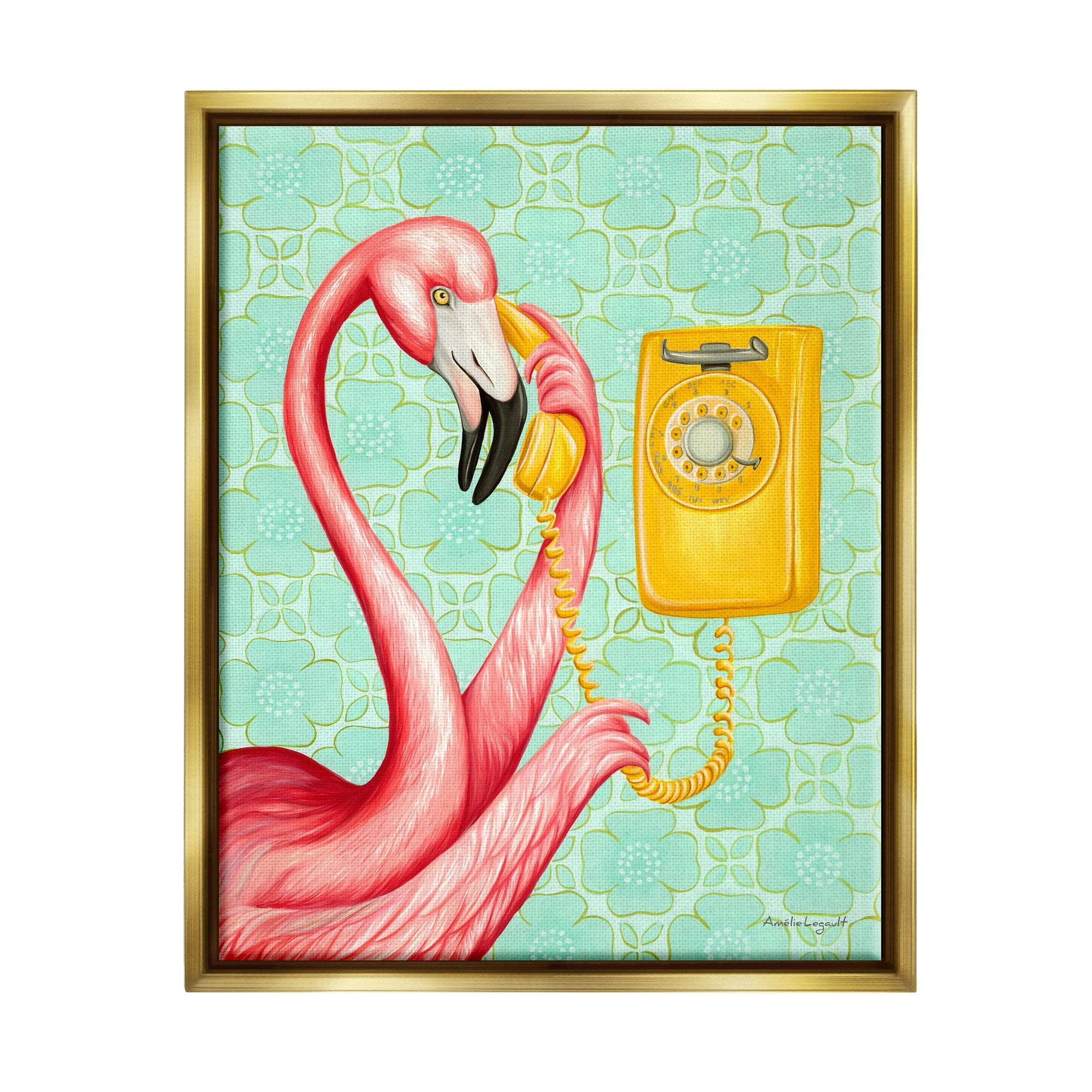 Stupell Industries Flamingo Using Retro Telephone Patterned Flower Motif Graphic Art Metallic Gold Floating Framed Canvas Print Wall Art, Design by Amelie Legault