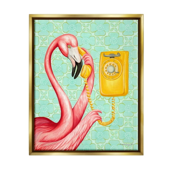 Stupell Industries Flamingo Using Retro Telephone Patterned Flower Motif Graphic Art Metallic Gold Floating Framed Canvas Print Wall Art, Design by Amelie Legault