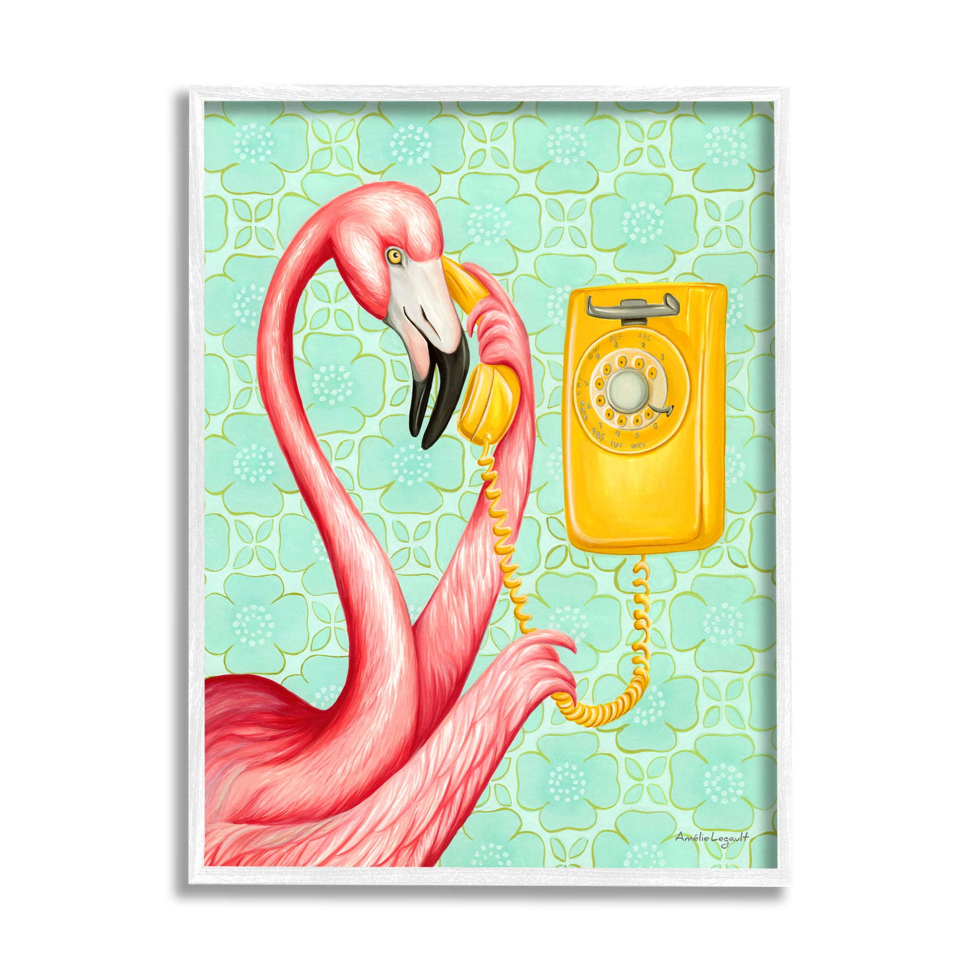 Stupell Industries Flamingo Using Retro Telephone Patterned Flower Motif Graphic Art White Framed Art Print Wall Art, Design by Amelie Legault