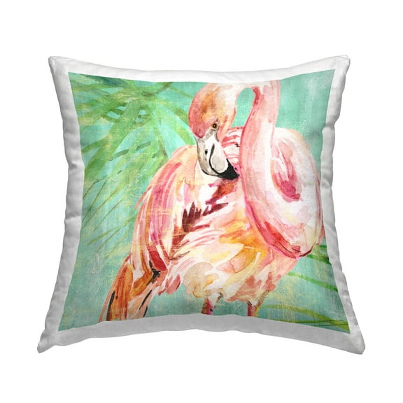 Stupell Industries Flamingo and Palm Leaves Square Decorative Printed Throw Pillow, 18 x 18