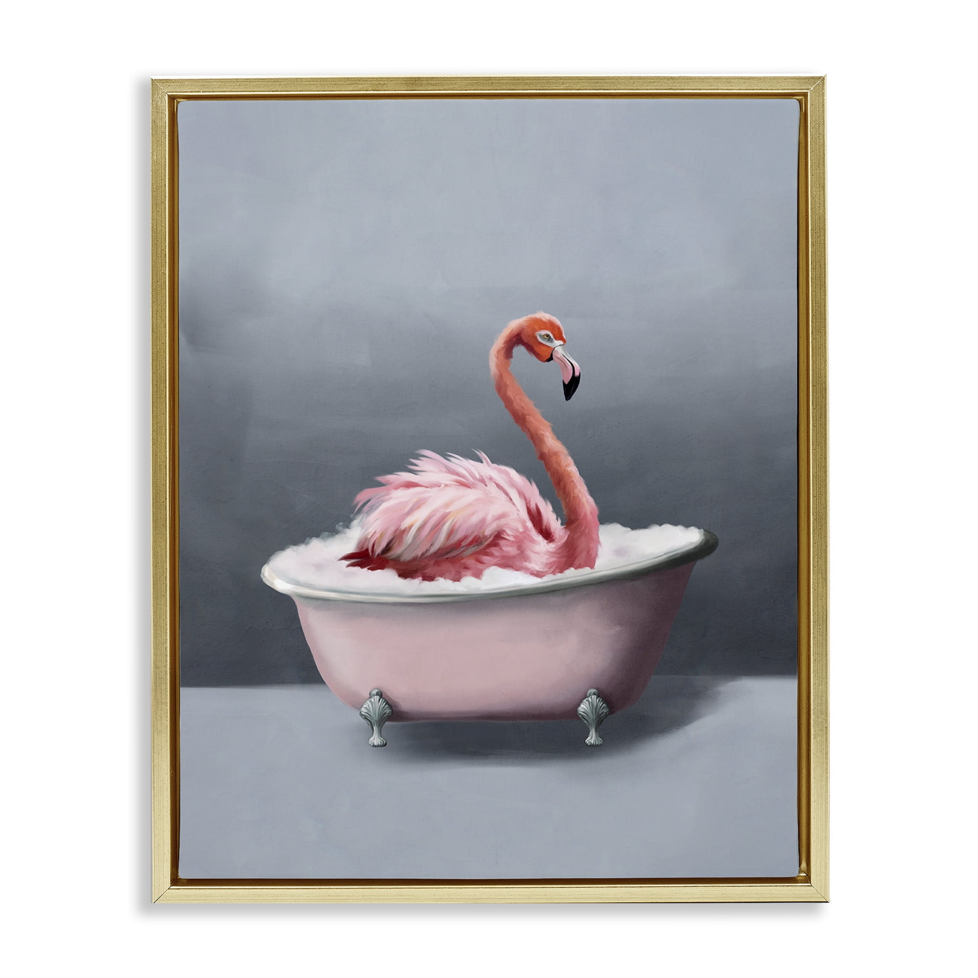 Stupell Industries Flamingo in Bathtub Bath & Laundry Painting Gold Floater Framed Canvas Art Print Wall Art, 17 x 21