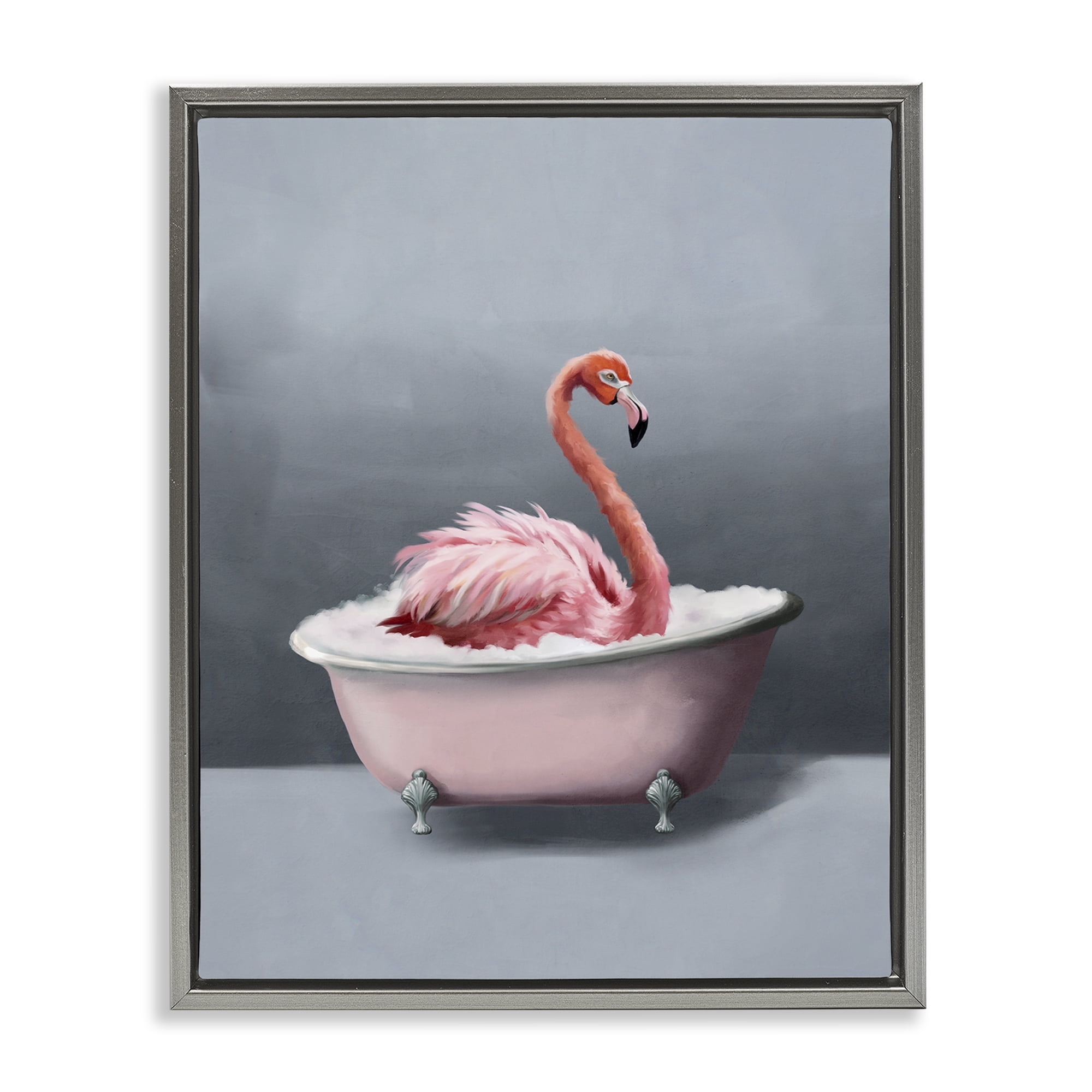 Stupell Industries Flamingo in Bathtub Bath & Laundry Painting Gray Floater Framed Canvas Art Print Wall Art, 17 x 21