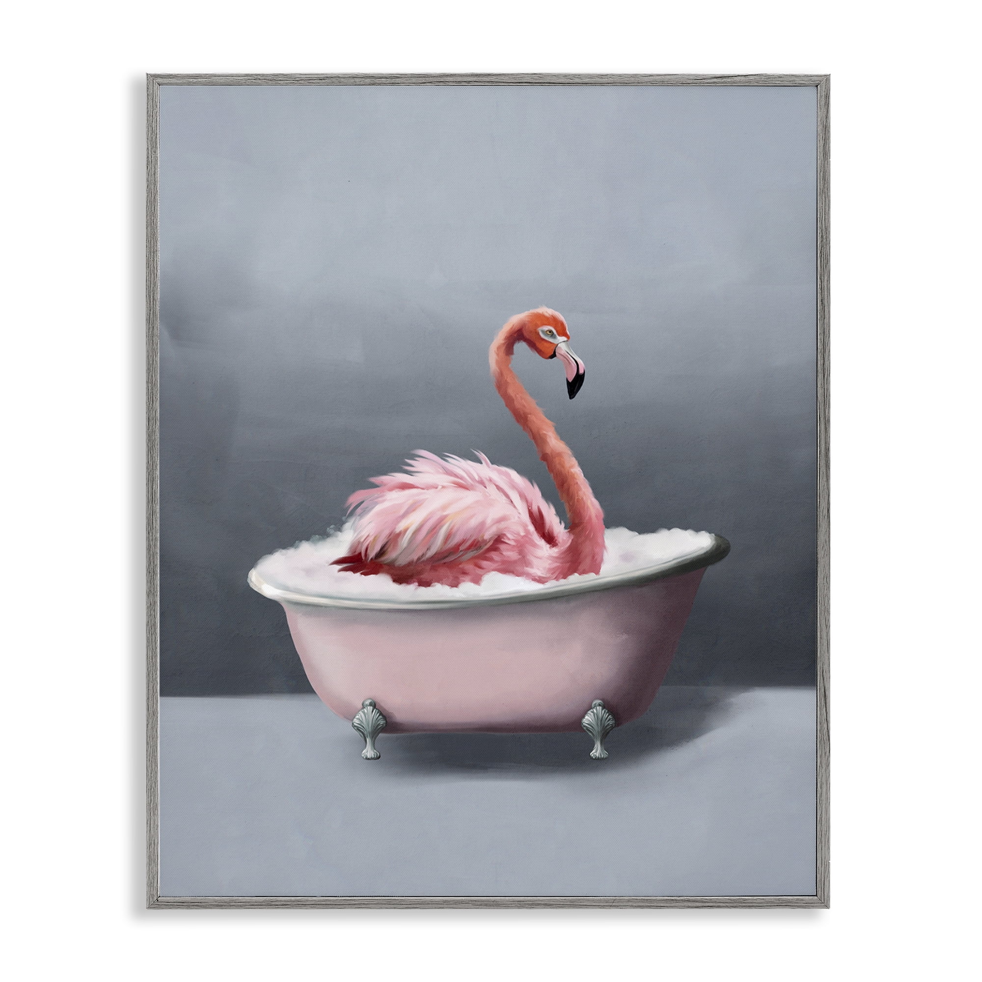 Stupell Industries Flamingo in Bathtub Bath & Laundry Painting Gray Framed Art Print Wall Art, 11 x 14
