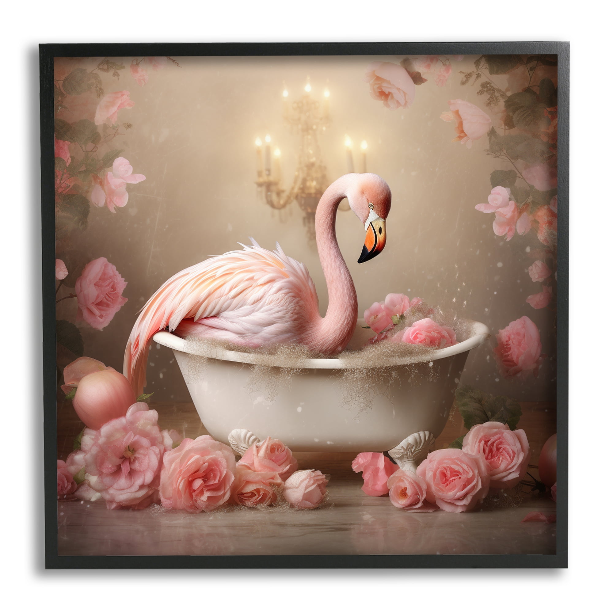 Black Framed Flamingo in Rose Filled Tub Art Print