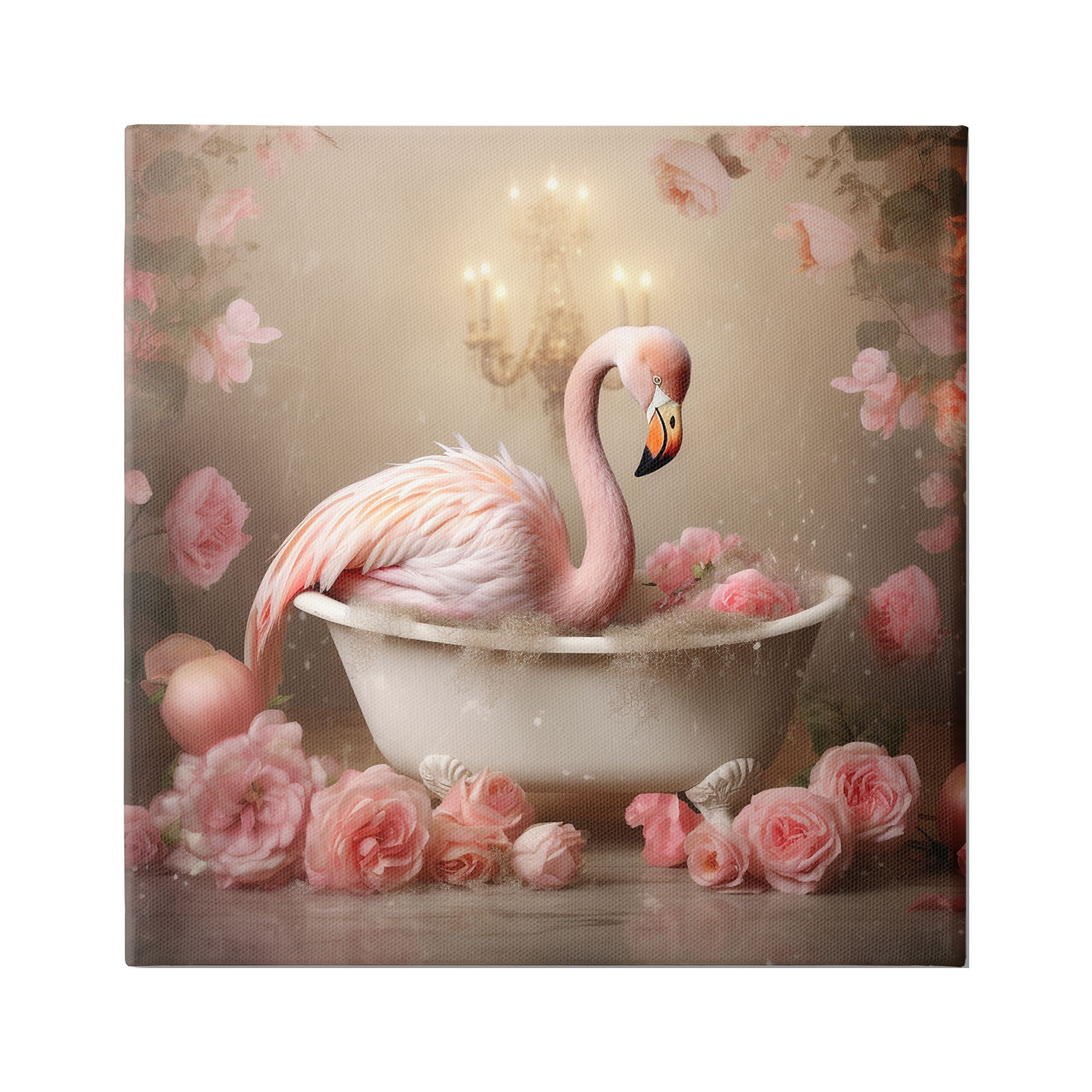 Elegant Flamingo in Floral Bathtub Canvas Art, 17 x 17