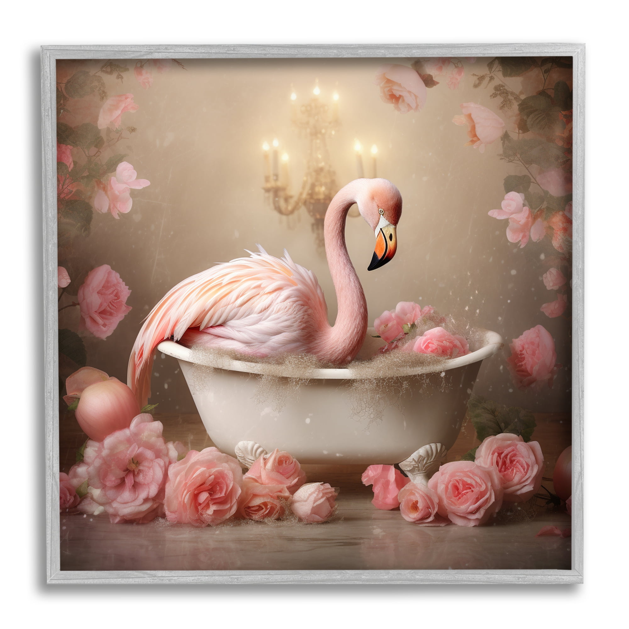 Stupell Industries Flamingo in Rose Filled Tub Animals & Insects Painting Gray Framed Art Print Wall Art, 24 x 24