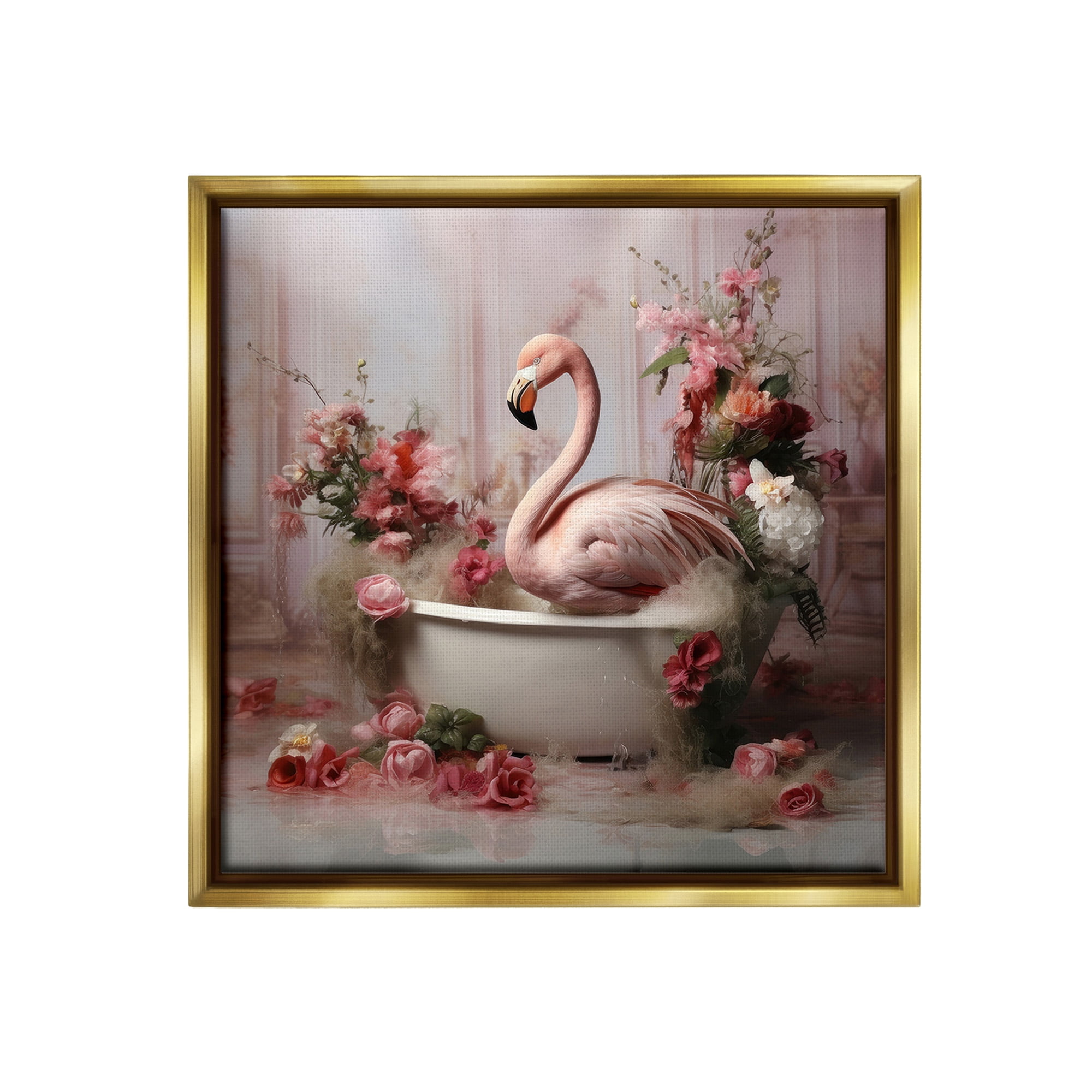 Stupell Industries Flamingo in Stately Bathroom Animals & Insects Painting Gold Floater Framed Canvas Art Print Wall Art, 18 x 18