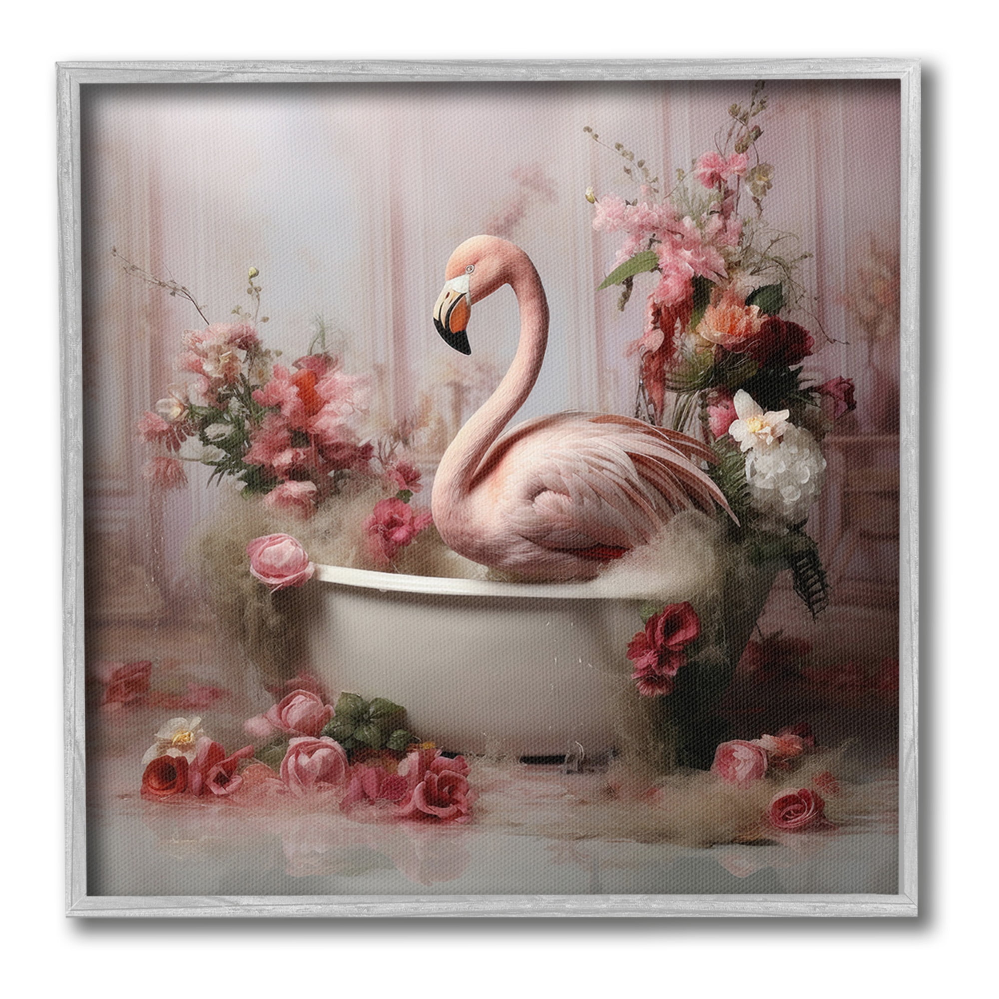Stupell Industries Flamingo in Stately Bathroom Animals & Insects Painting Gray Framed Art Print Wall Art, 12 x 12
