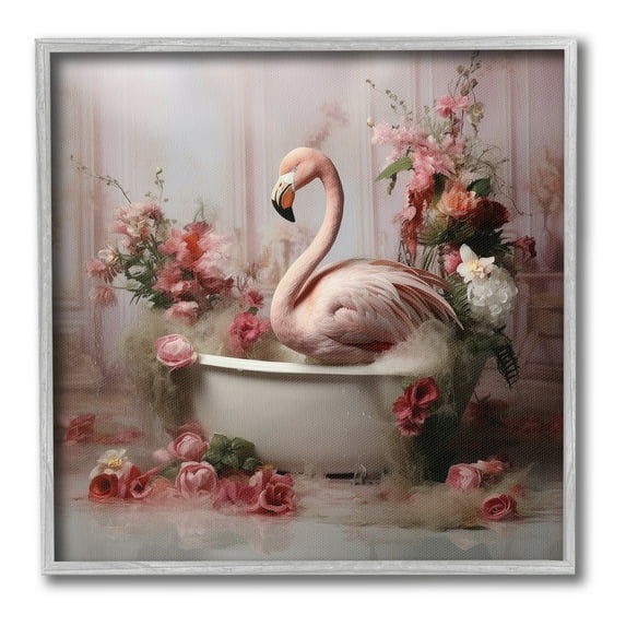 Stupell Industries Flamingo in Stately Bathroom Animals & Insects Painting Gray Framed Art Print Wall Art, 24 x 24