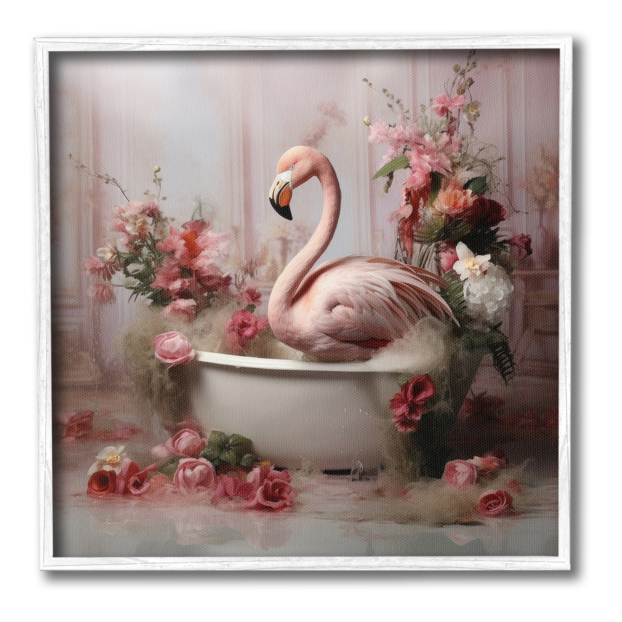 Stupell Industries Flamingo in Stately Bathroom Animals & Insects Painting White Framed Art Print Wall Art, 12 x 12