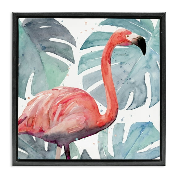 Stupell Industries Flamingo over Tropical Greenery Animals & Insects Painting Black Floater Framed Canvas Art Print Wall Art, 18 x 18
